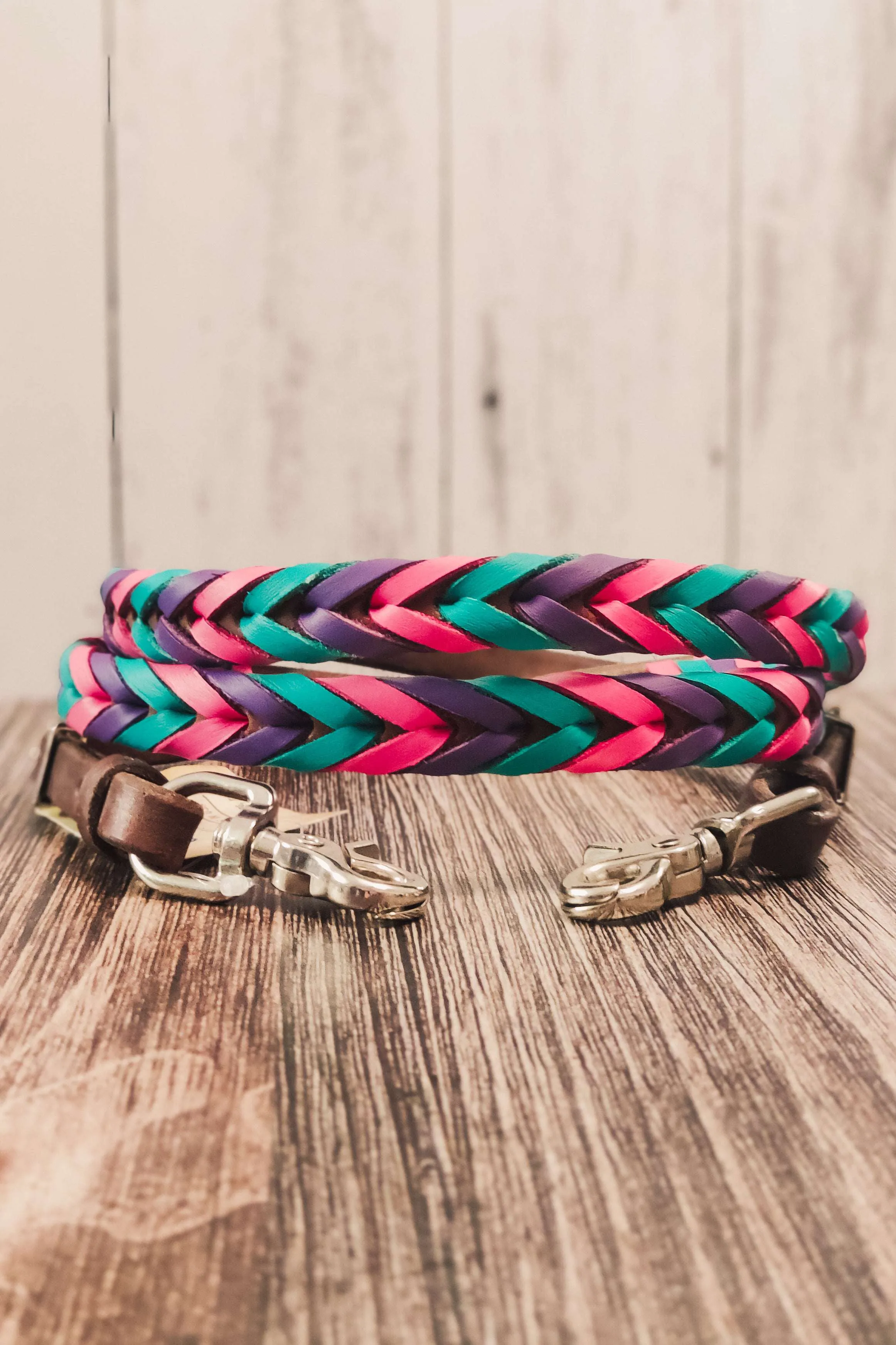Pink, Purple, & Turquoise Triple Laced Barrel Reins