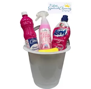 Pink Spanish Bucket Bundle with Mio Disinfectant, Talc Multi Spray, Talc Floor Cleaner, and Kirkland Microfibre Cloth Bundle 💕
