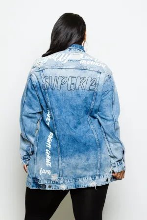 Plus Size Trendy Distressed Graffiti Denim Long Jacket