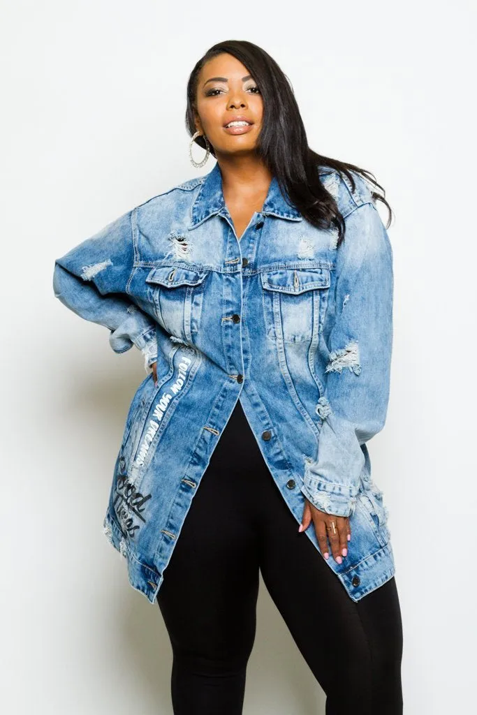 Plus Size Trendy Distressed Graffiti Denim Long Jacket