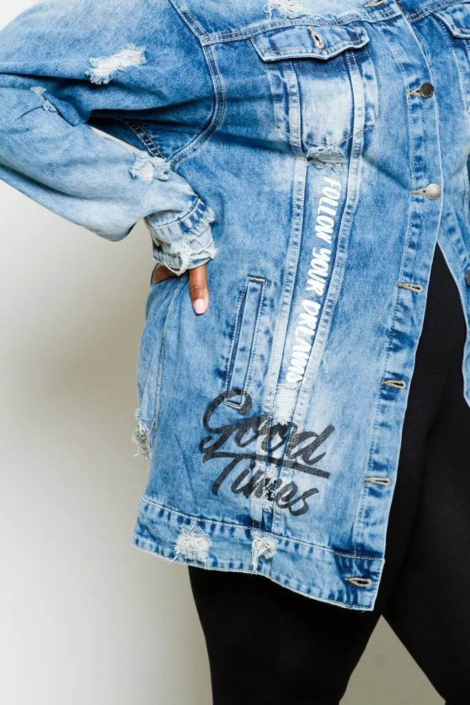 Plus Size Trendy Distressed Graffiti Denim Long Jacket