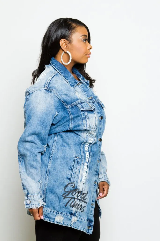 Plus Size Trendy Distressed Graffiti Denim Long Jacket