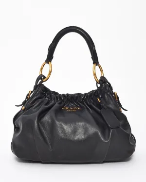Prada Black Leather Gathered Hobo Soft Shoulder Bag