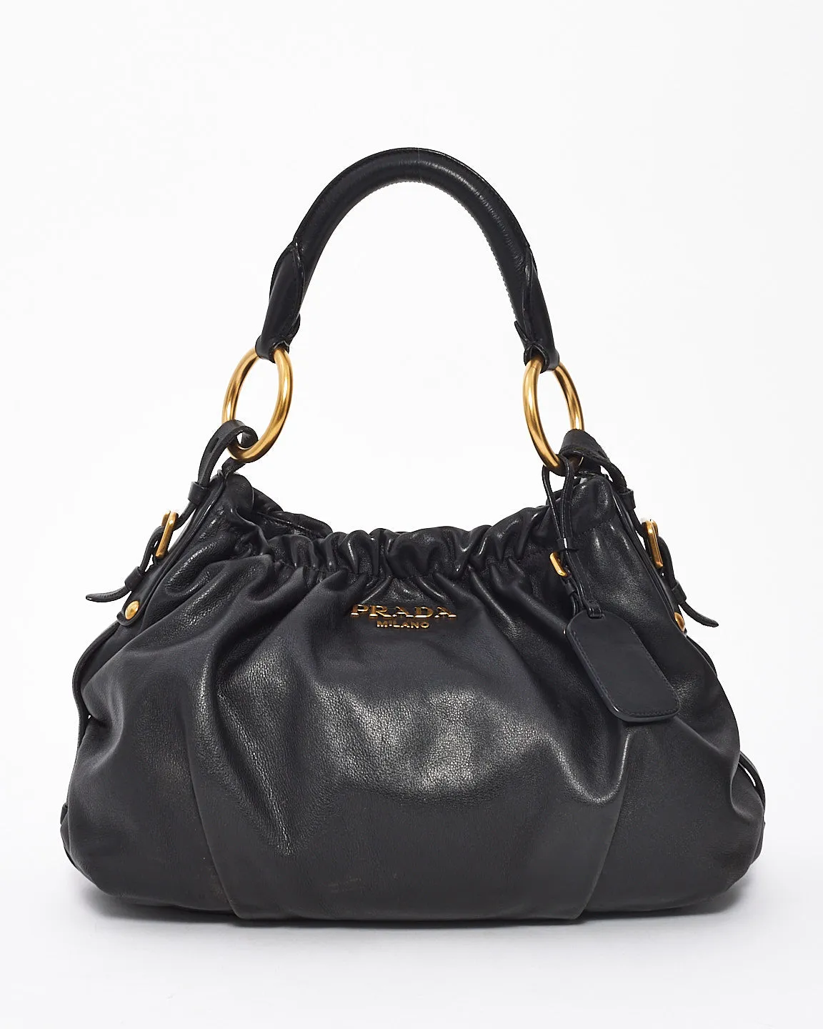 Prada Black Leather Gathered Hobo Soft Shoulder Bag
