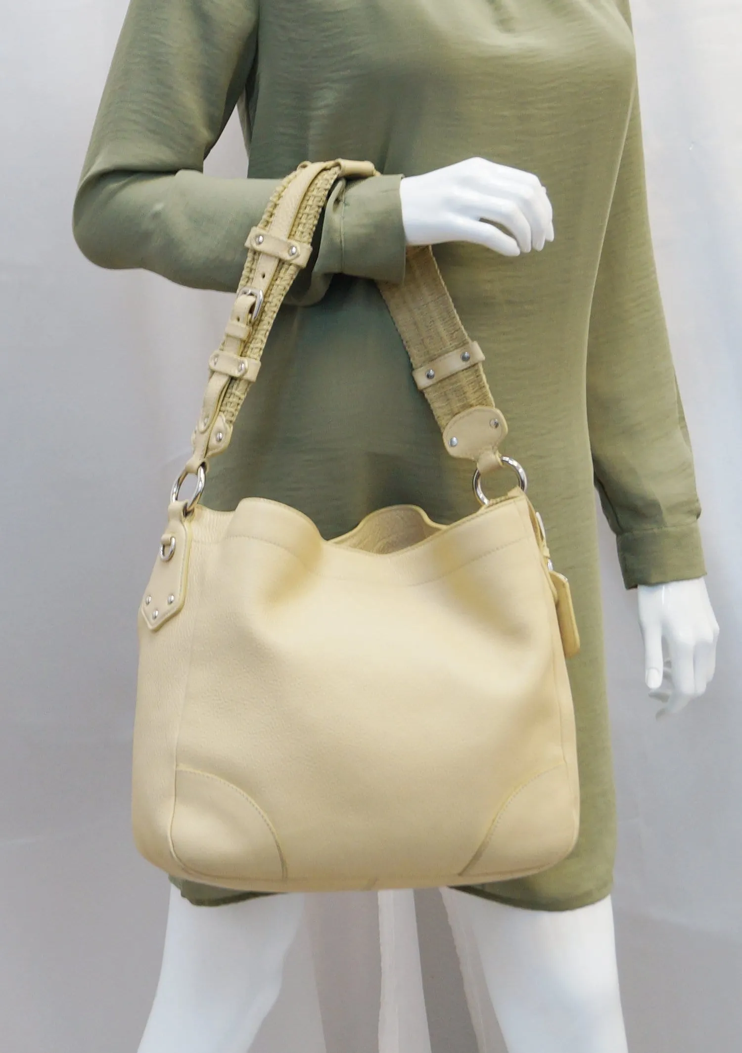 PRADA Cream Leather Daino Hobo Shoulder Bag