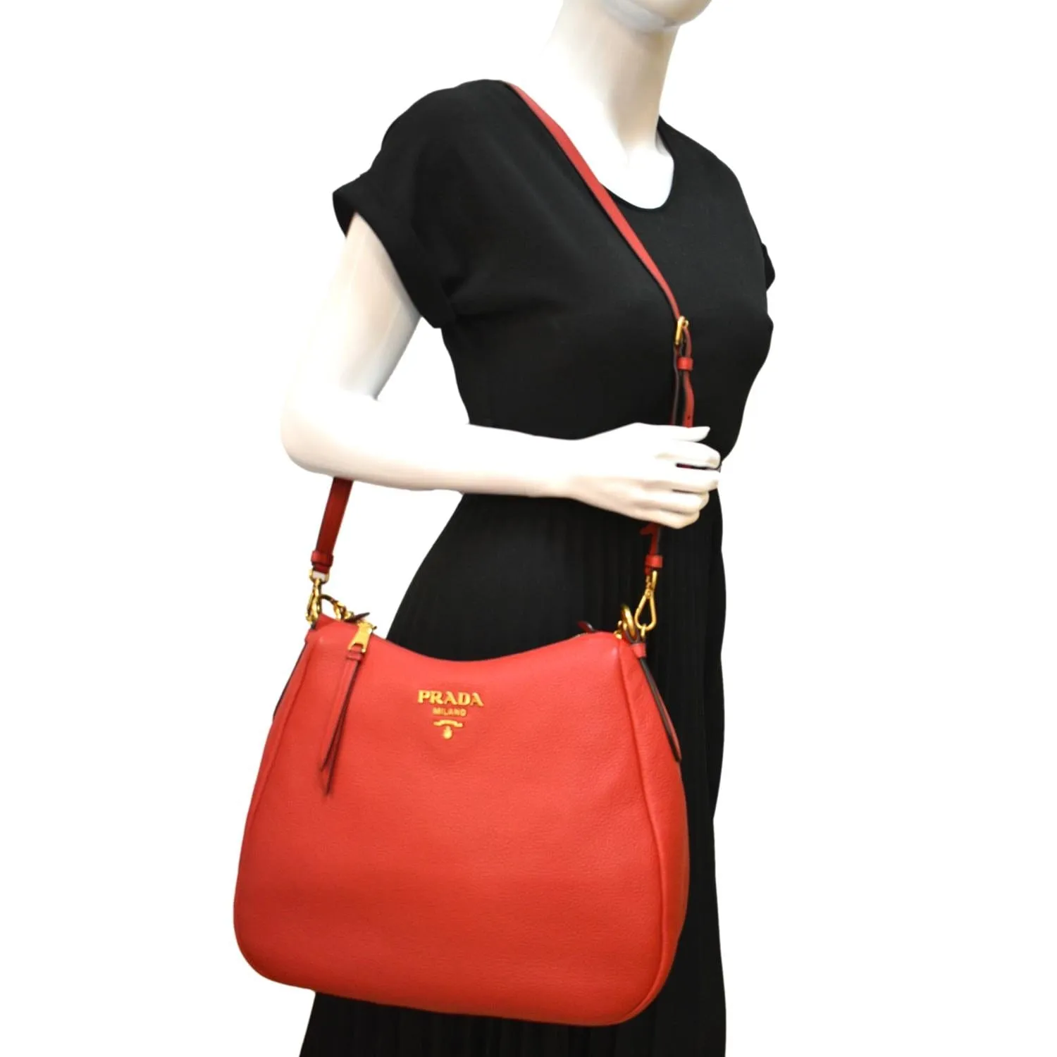 PRADA Vitello Daino Leather Hobo Bag Red
