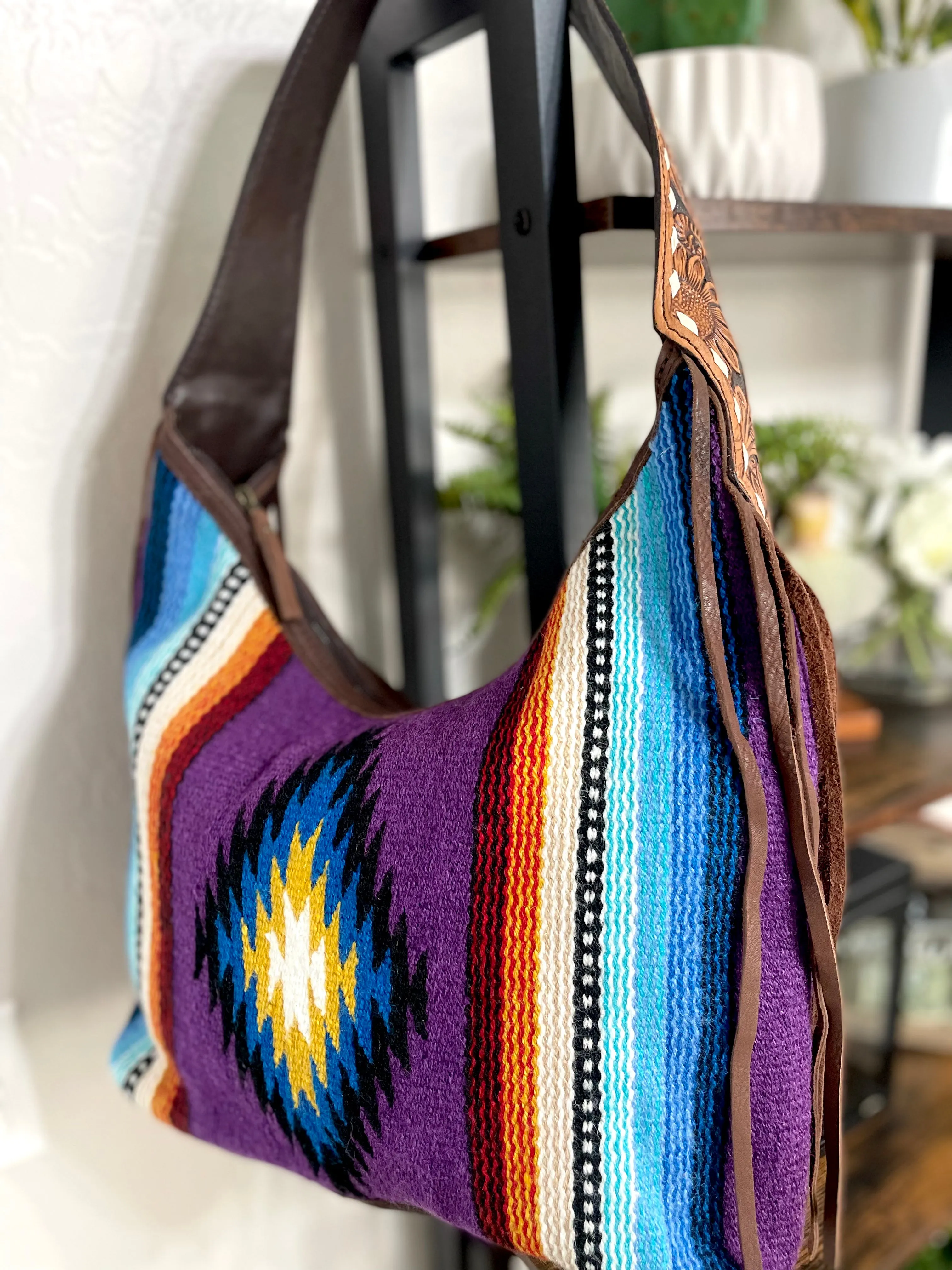 Purple & Blue Wool Pattern Hobo Leather Fringe Handbag