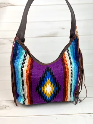 Purple & Blue Wool Pattern Hobo Leather Fringe Handbag