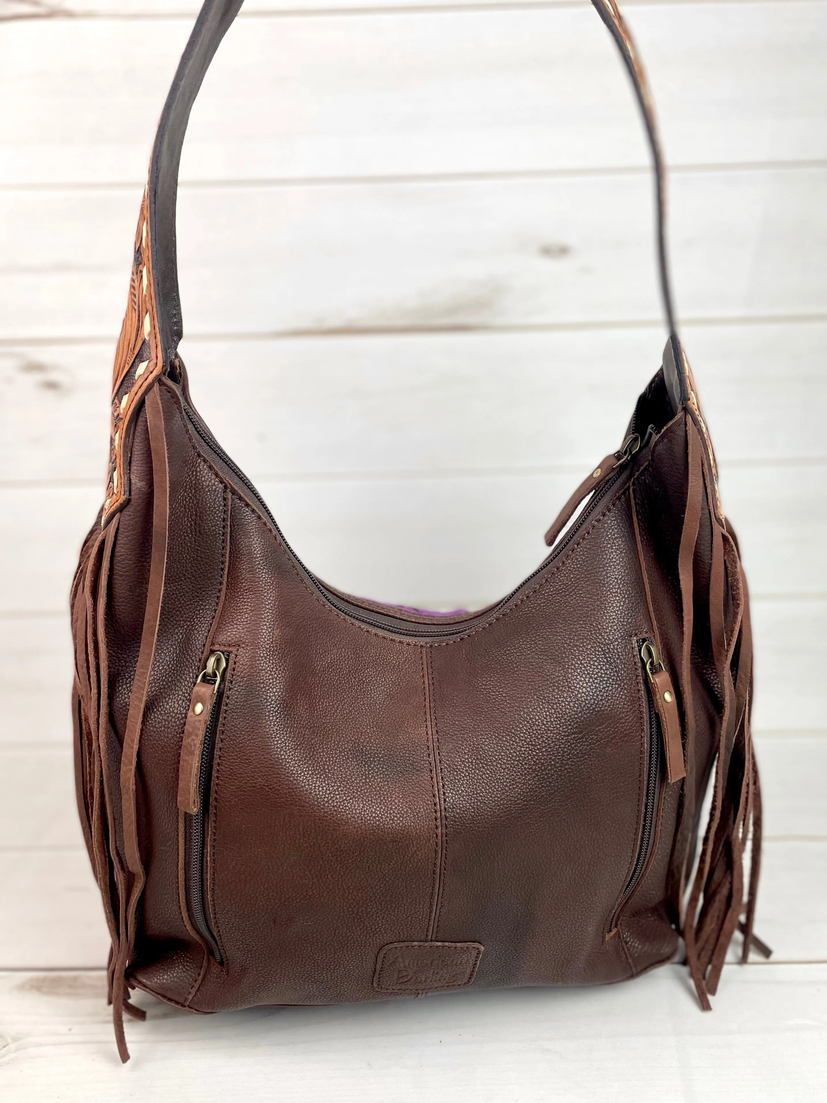 Purple & Blue Wool Pattern Hobo Leather Fringe Handbag