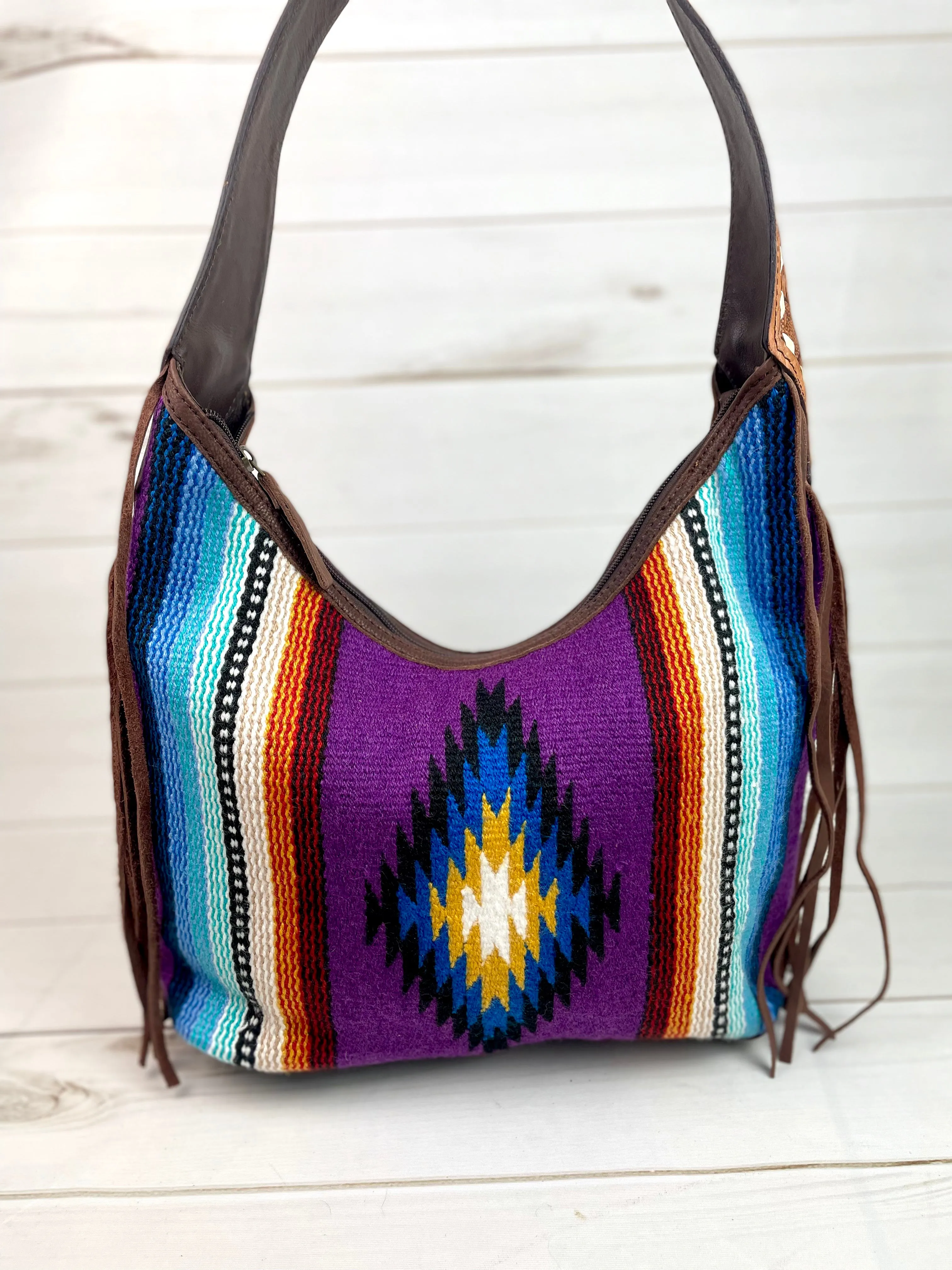 Purple & Blue Wool Pattern Hobo Leather Fringe Handbag
