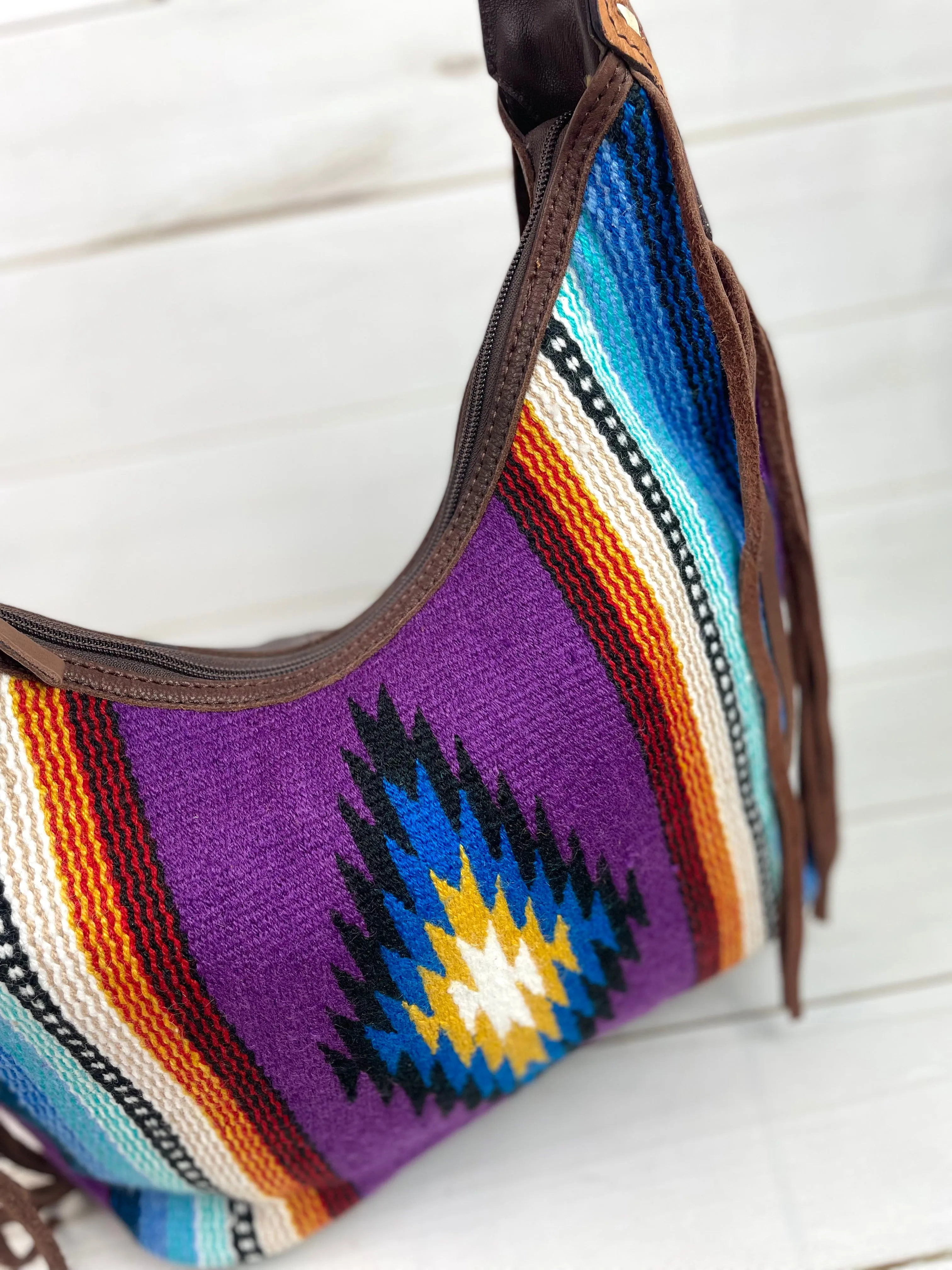Purple & Blue Wool Pattern Hobo Leather Fringe Handbag