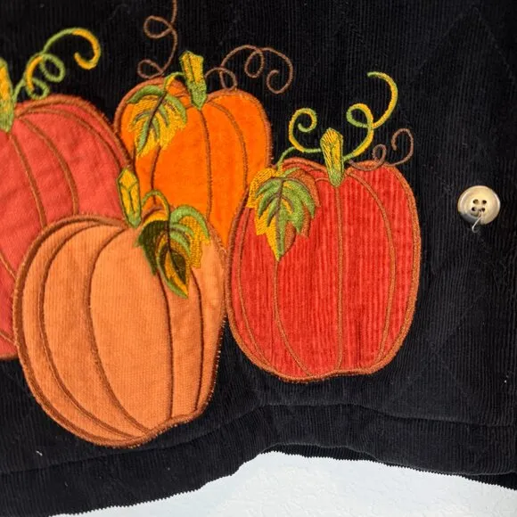 Quacker Factory Jacket Embroidered Fall Pumpkins Quilted Corduroy Black Medium