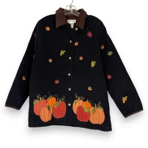 Quacker Factory Jacket Embroidered Fall Pumpkins Quilted Corduroy Black Medium