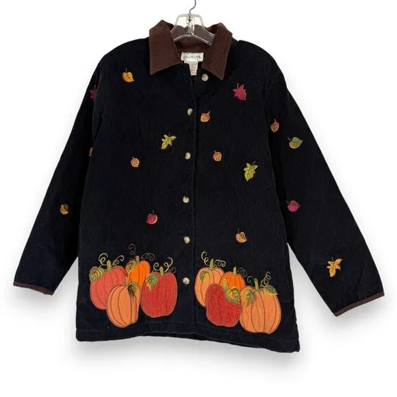 Quacker Factory Jacket Embroidered Fall Pumpkins Quilted Corduroy Black Medium