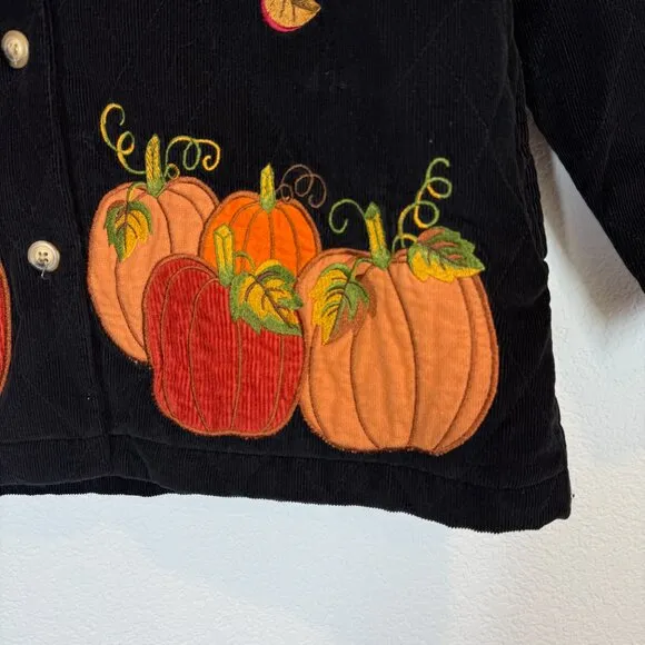 Quacker Factory Jacket Embroidered Fall Pumpkins Quilted Corduroy Black Medium