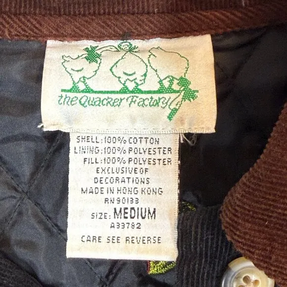Quacker Factory Jacket Embroidered Fall Pumpkins Quilted Corduroy Black Medium