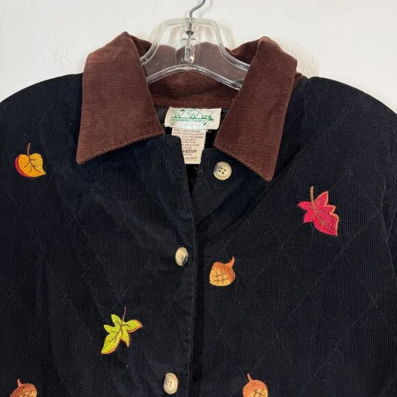 Quacker Factory Jacket Embroidered Fall Pumpkins Quilted Corduroy Black Medium