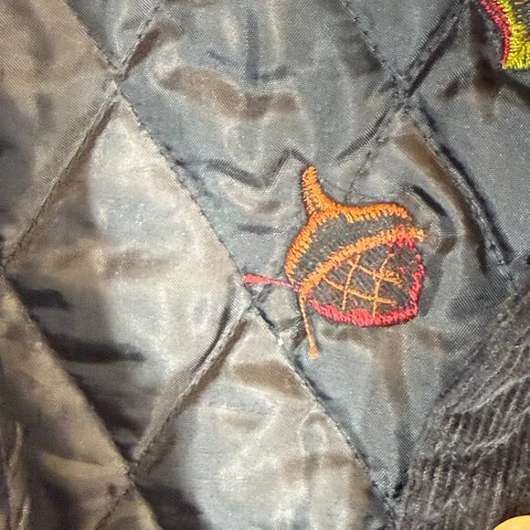 Quacker Factory Jacket Embroidered Fall Pumpkins Quilted Corduroy Black Medium