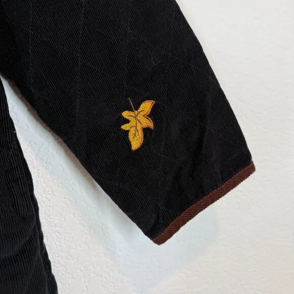 Quacker Factory Jacket Embroidered Fall Pumpkins Quilted Corduroy Black Medium