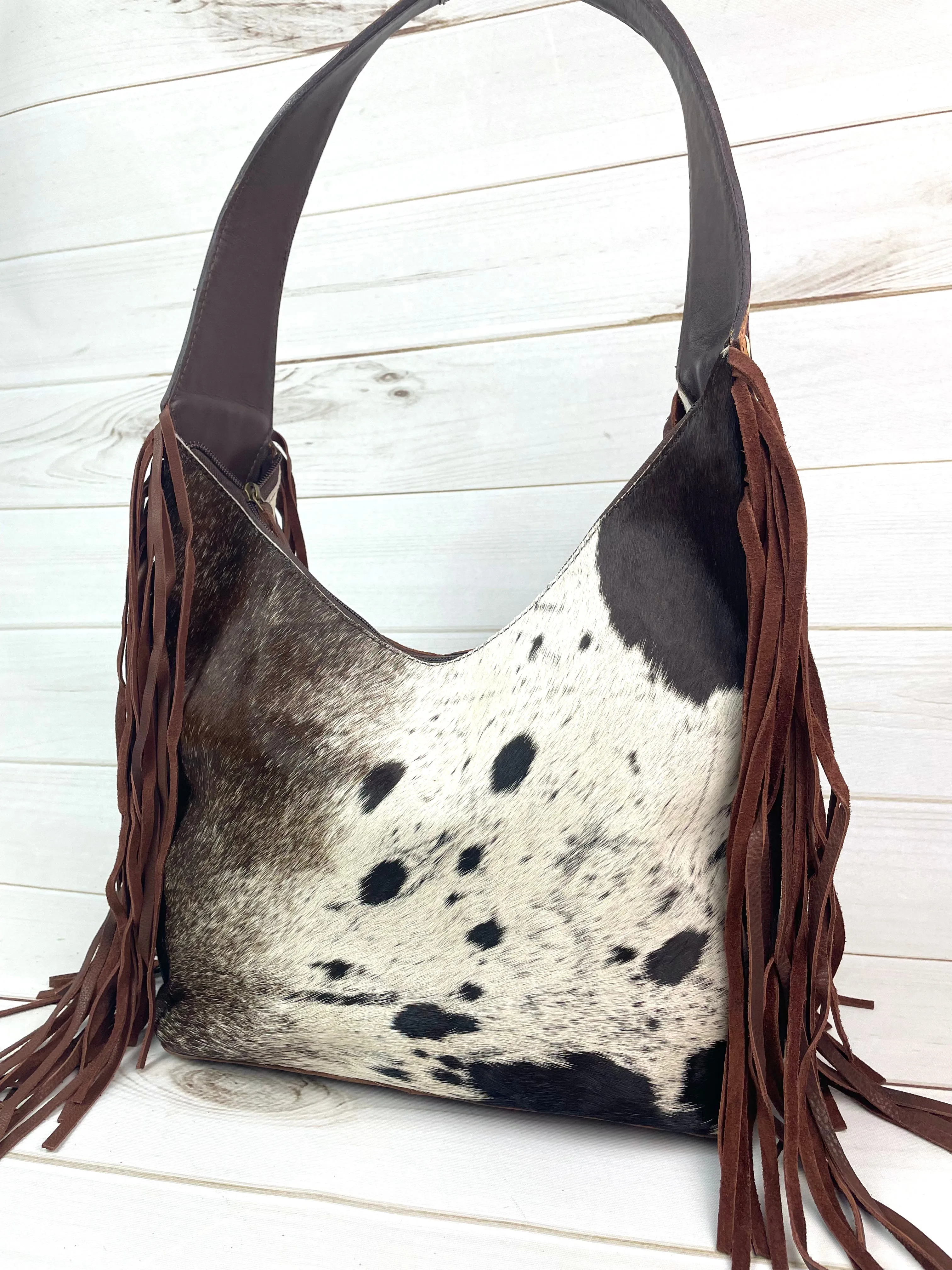 Ranch Brown Leather Cowhide Hobo Fringe Tooled Handbag