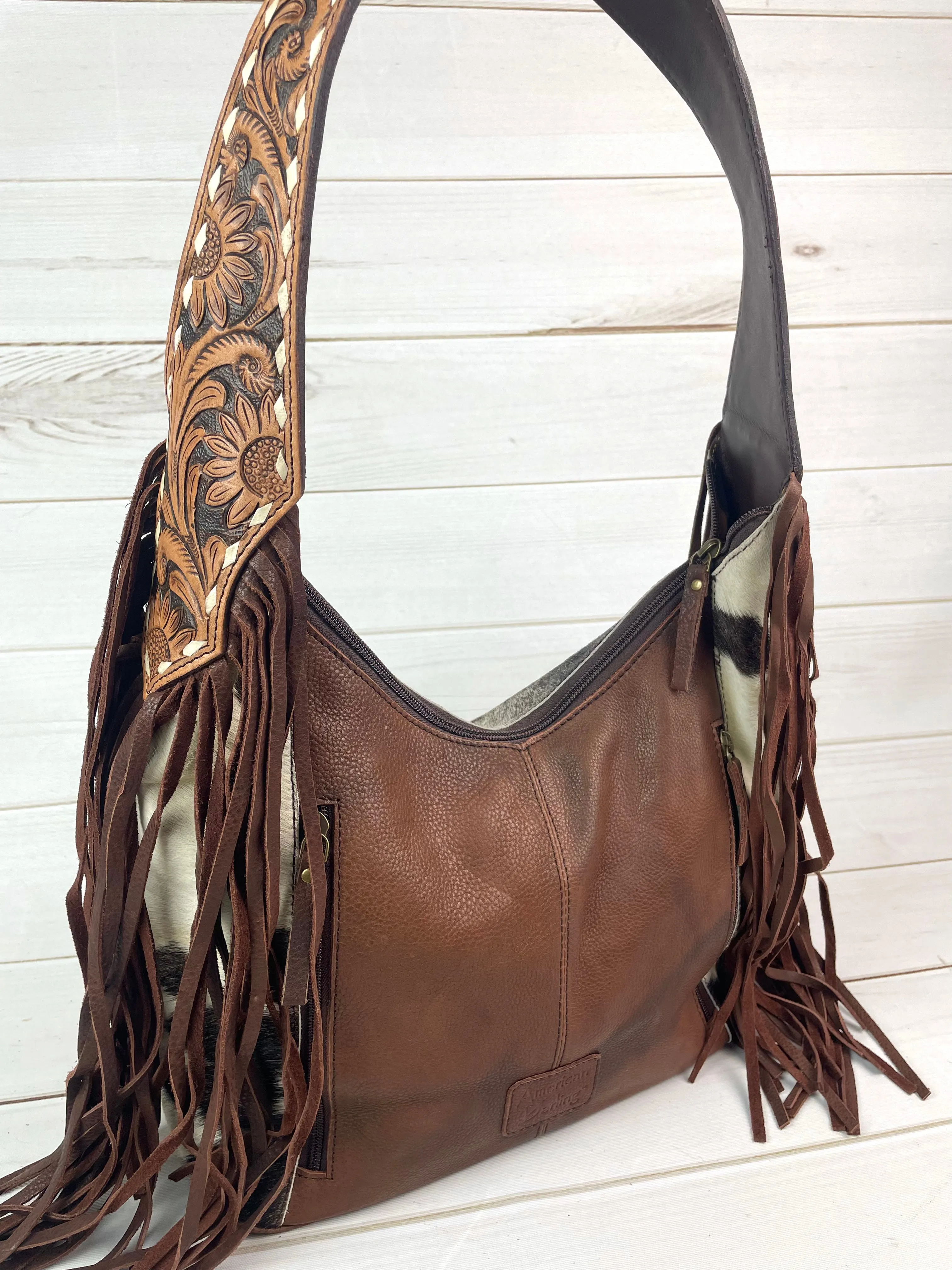Ranch Brown Leather Cowhide Hobo Fringe Tooled Handbag