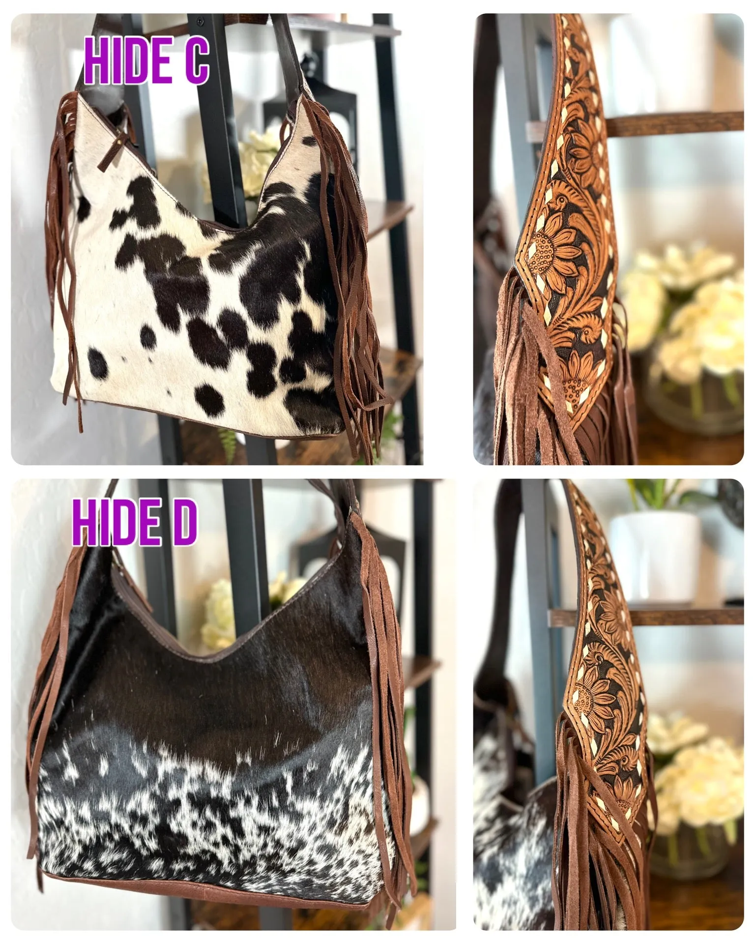 Ranch Brown Leather Cowhide Hobo Fringe Tooled Handbag
