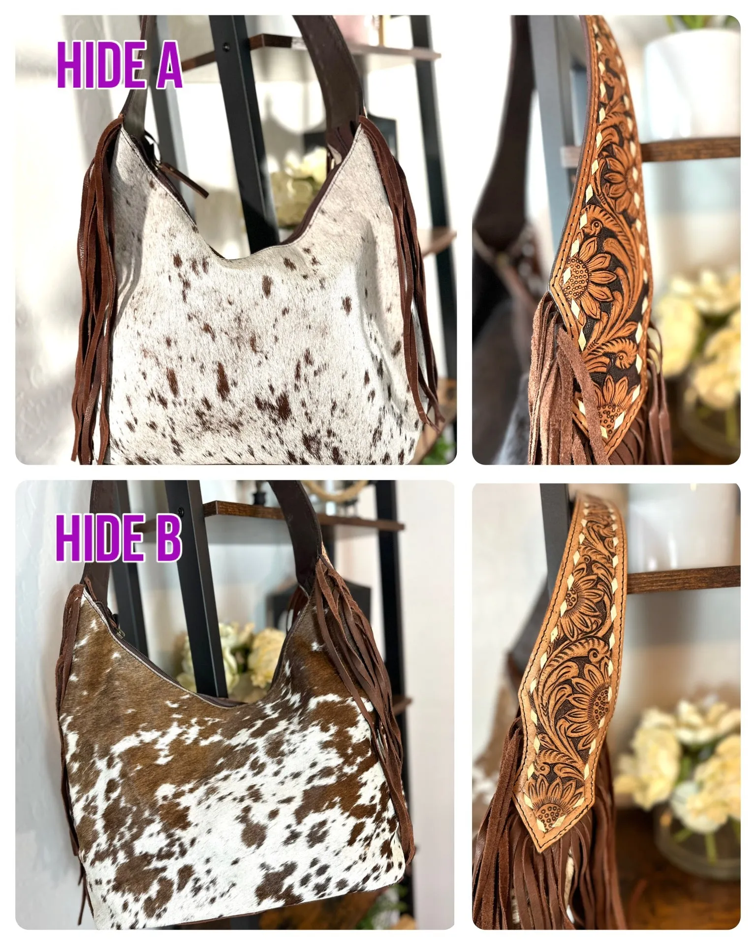 Ranch Brown Leather Cowhide Hobo Fringe Tooled Handbag