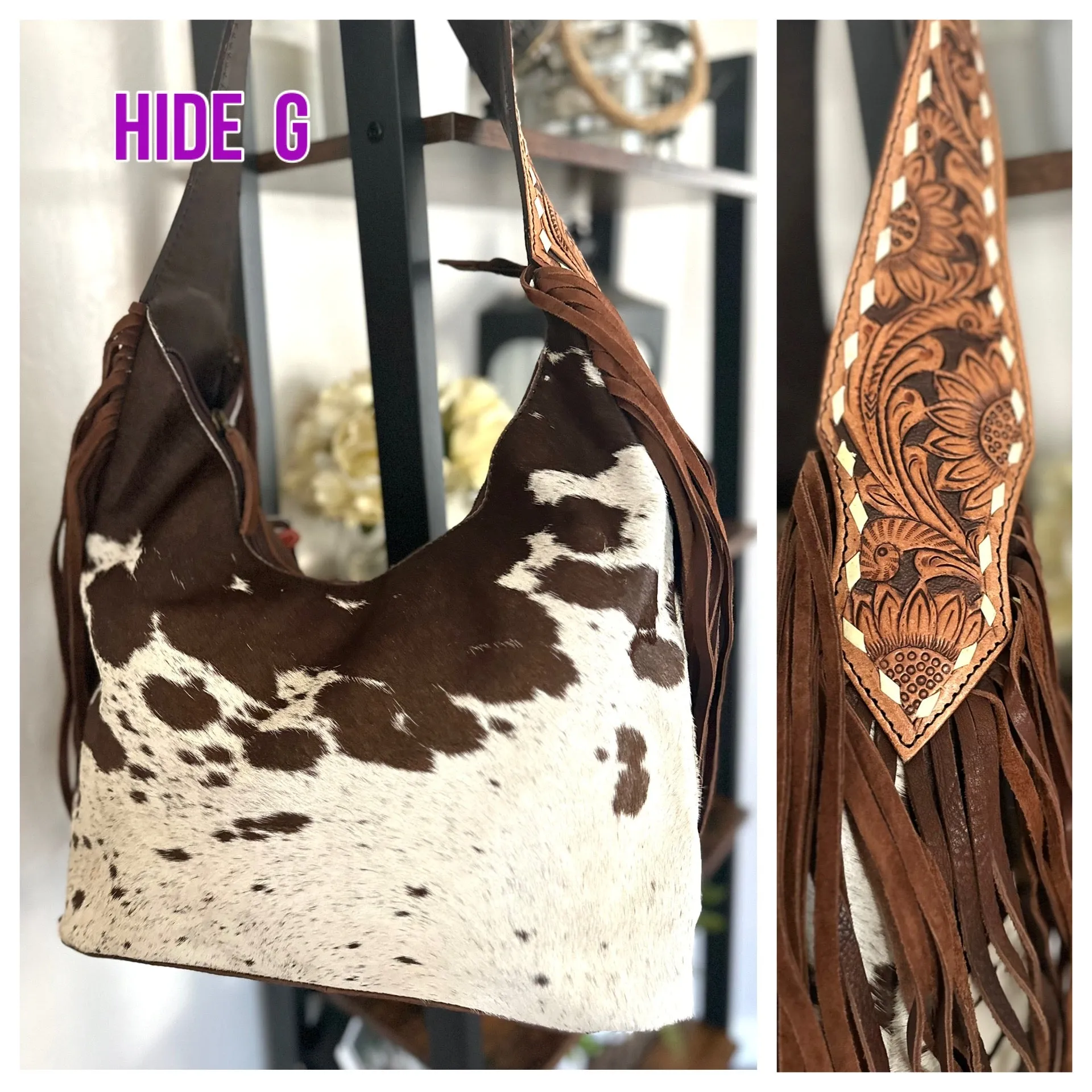 Ranch Brown Leather Cowhide Hobo Fringe Tooled Handbag