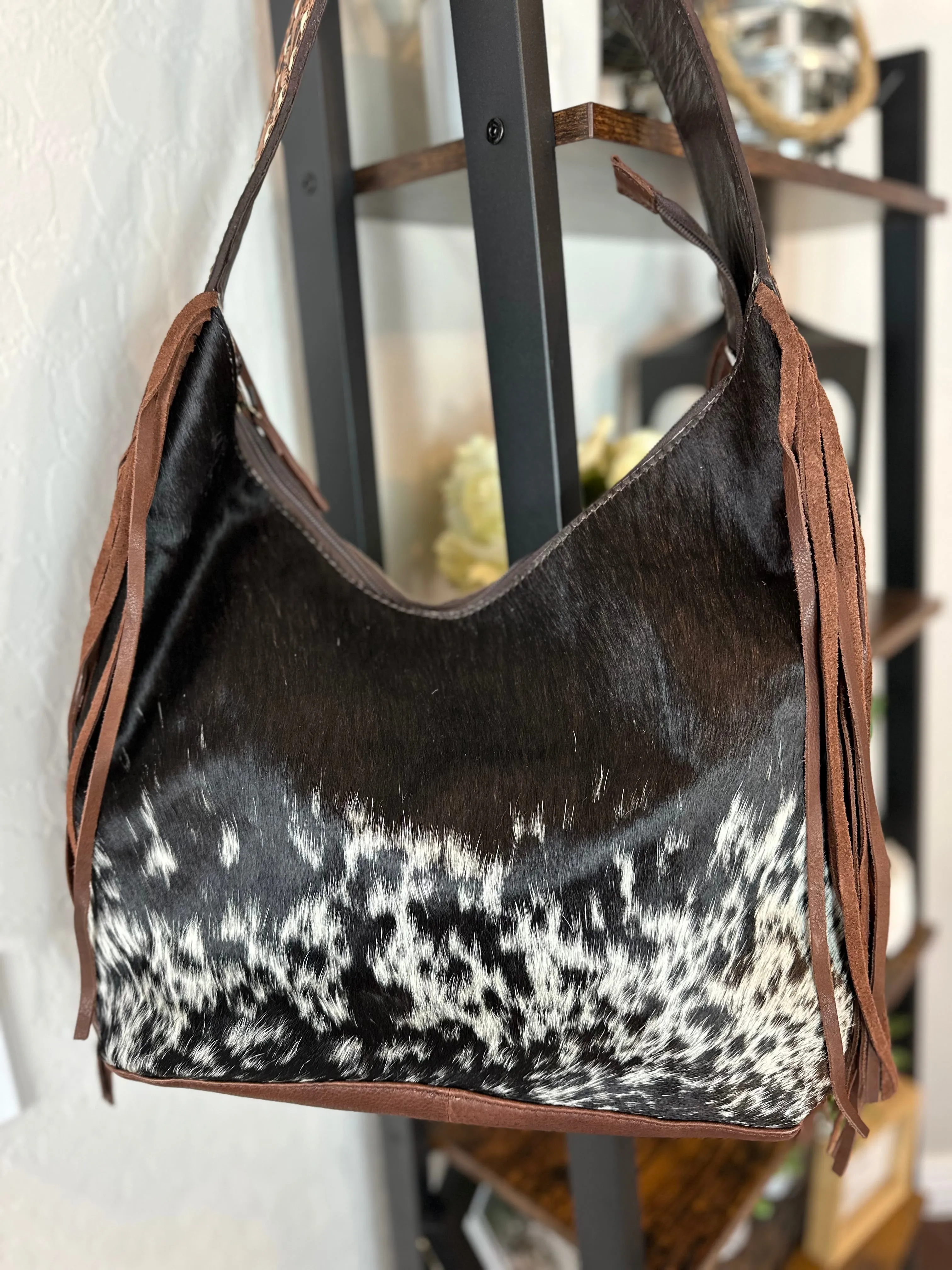 Ranch Brown Leather Cowhide Hobo Fringe Tooled Handbag