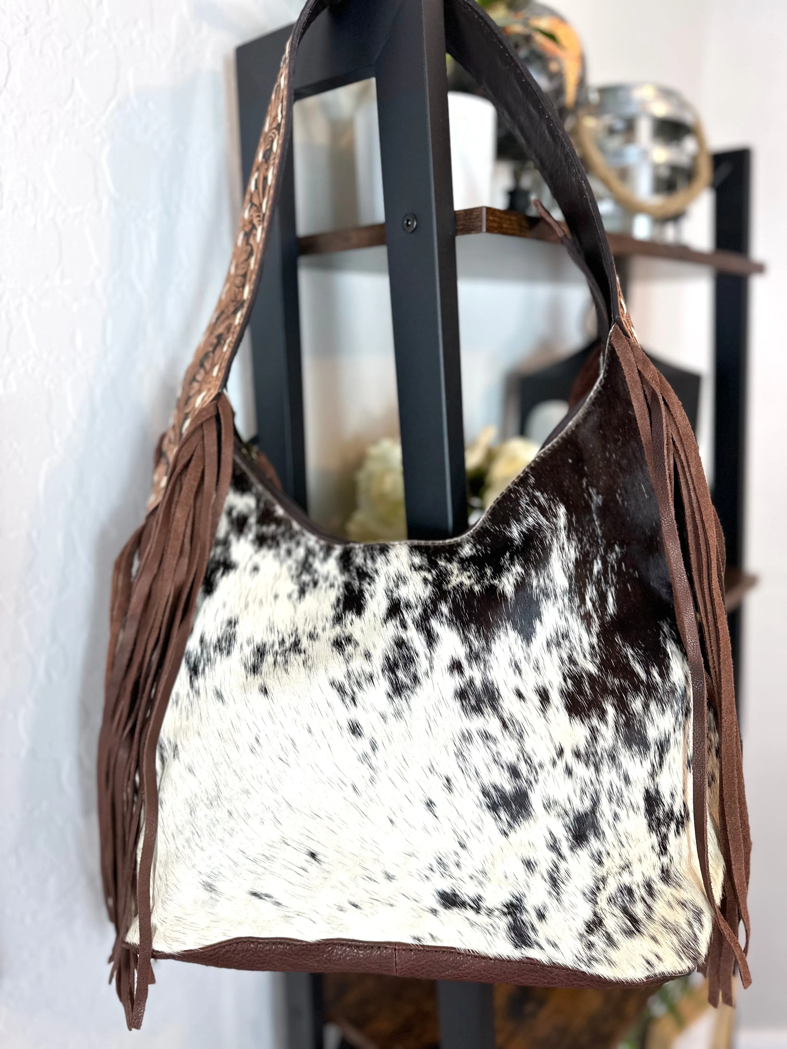Ranch Brown Leather Cowhide Hobo Fringe Tooled Handbag