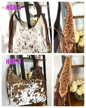 Ranch Brown Leather Cowhide Hobo Fringe Tooled Handbag