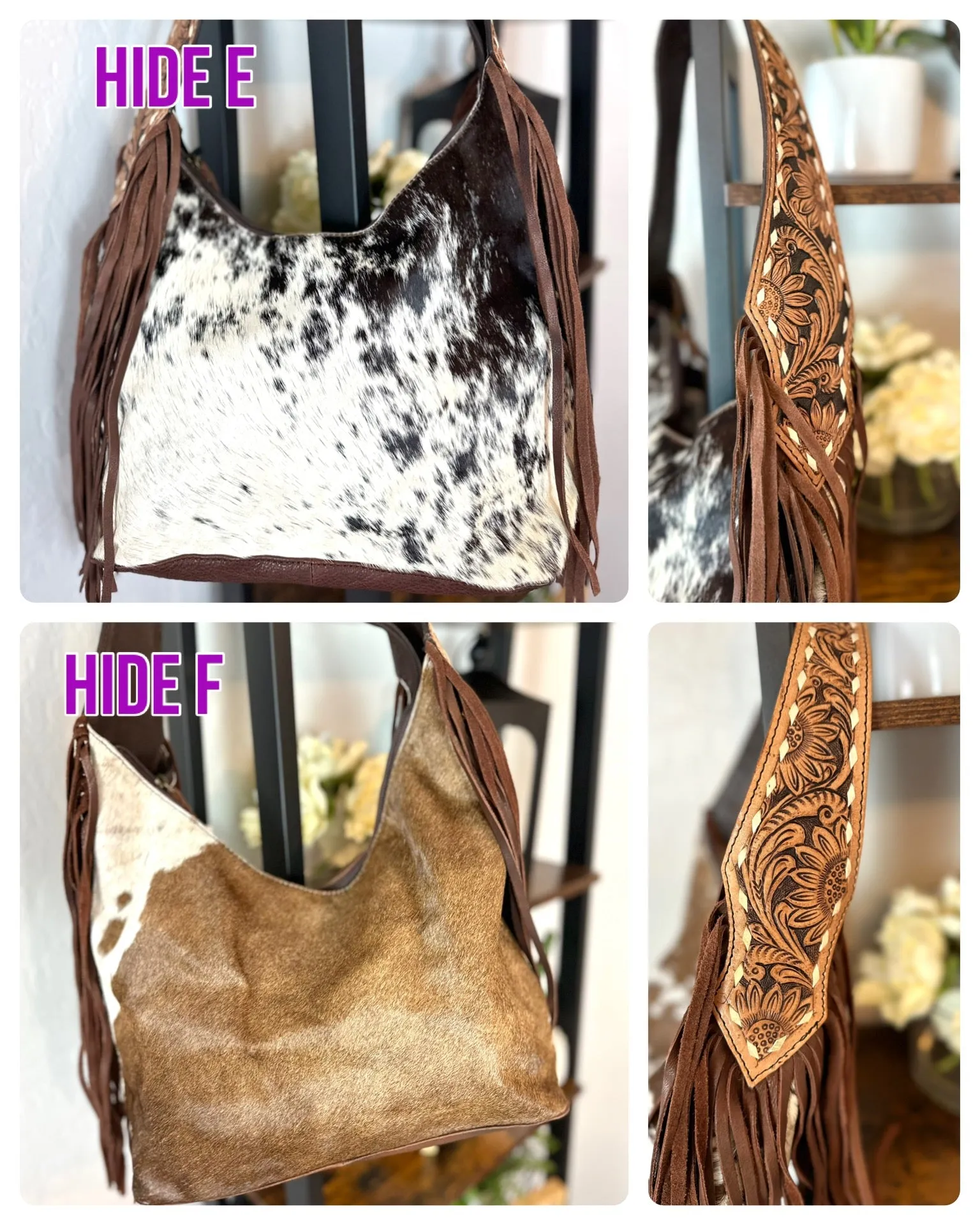 Ranch Brown Leather Cowhide Hobo Fringe Tooled Handbag