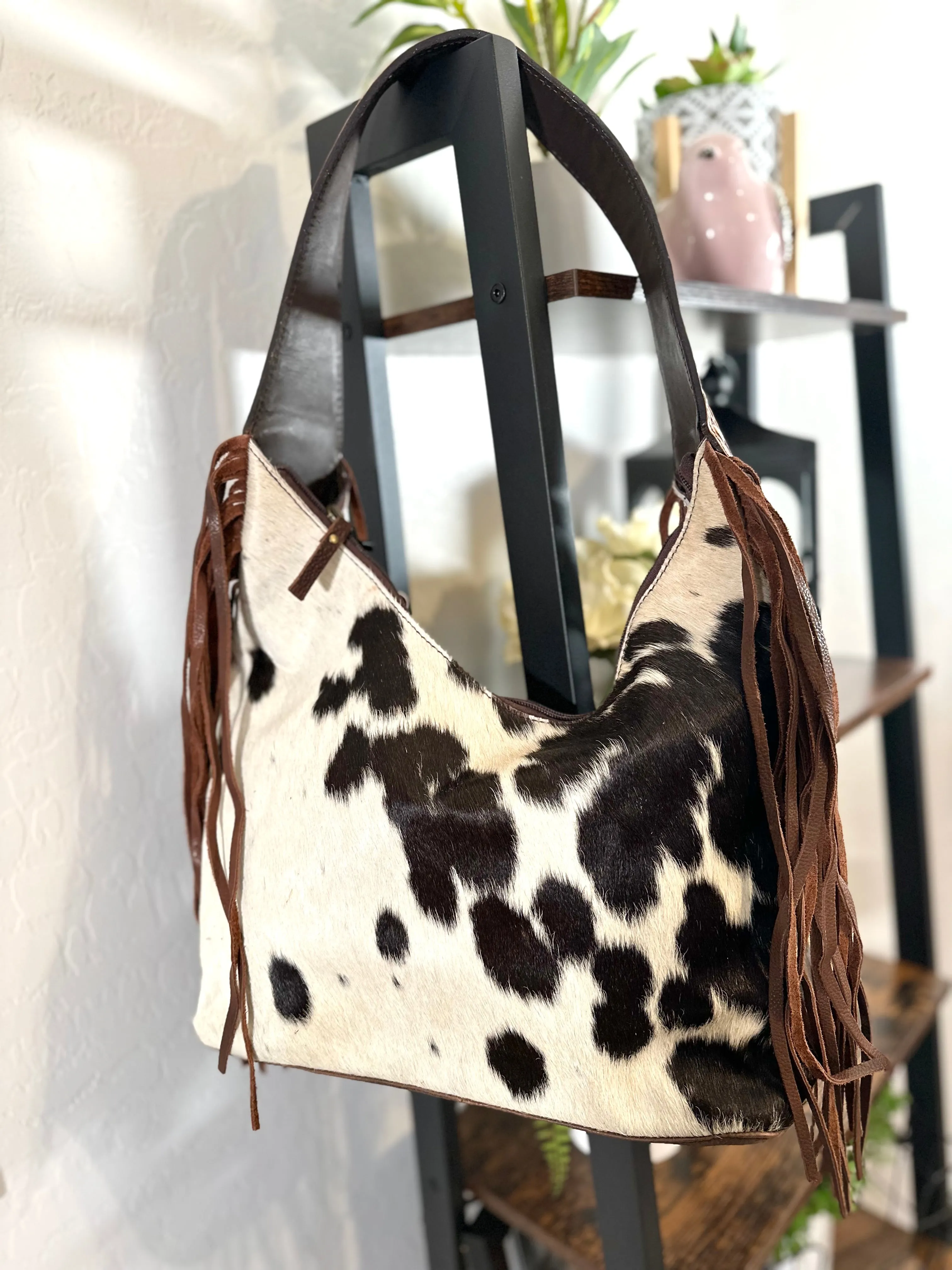 Ranch Brown Leather Cowhide Hobo Fringe Tooled Handbag