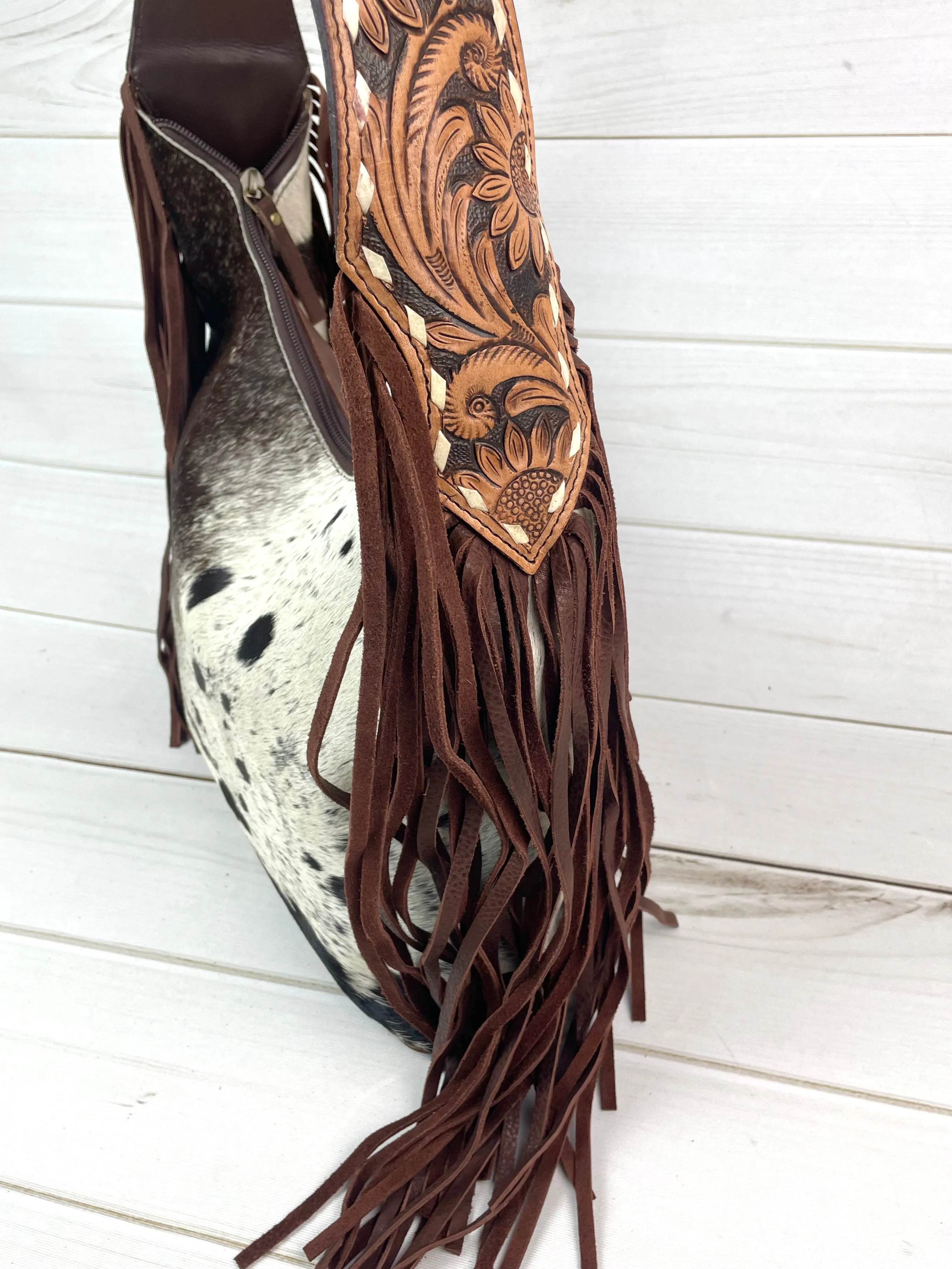 Ranch Brown Leather Cowhide Hobo Fringe Tooled Handbag