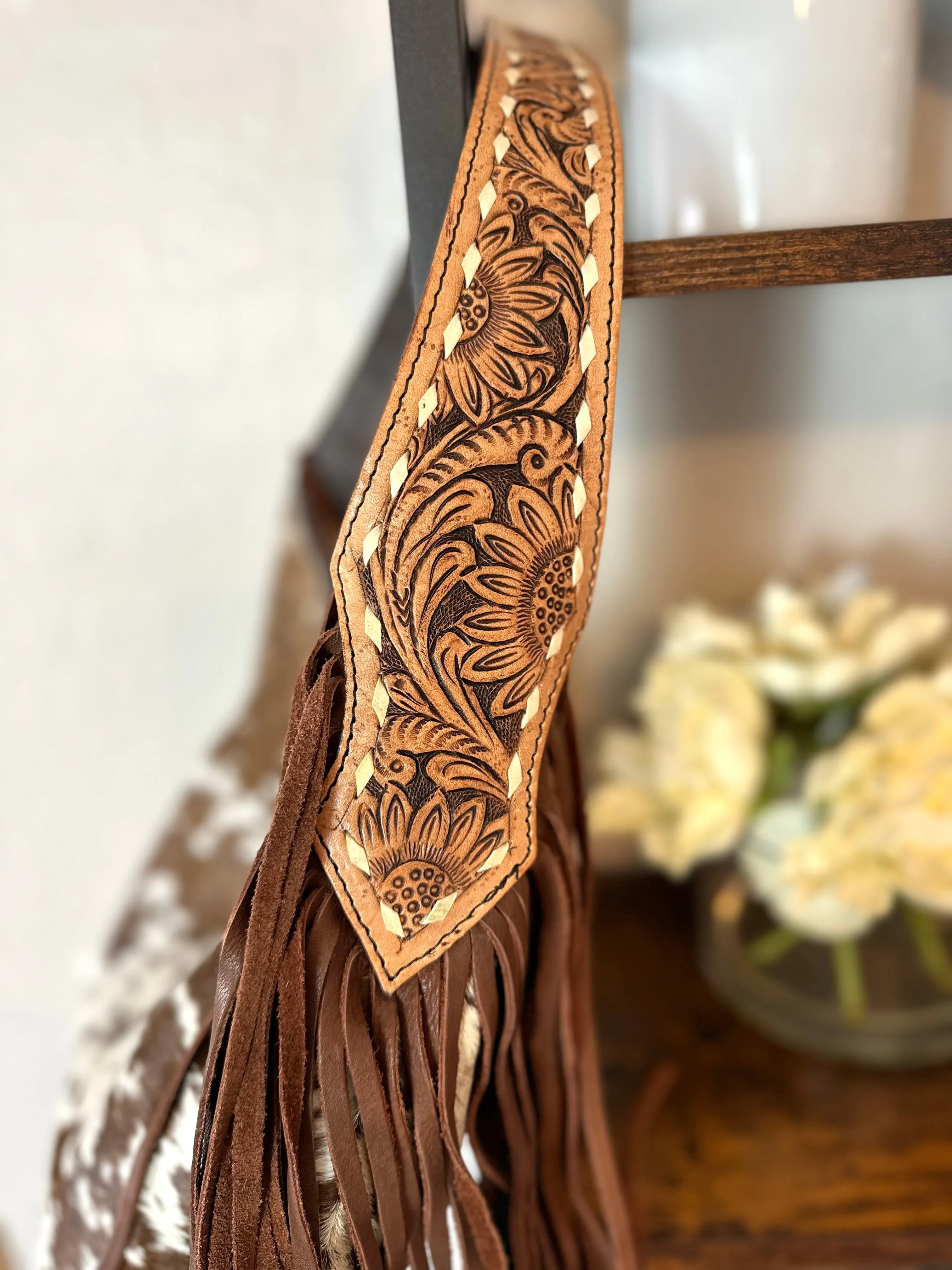 Ranch Brown Leather Cowhide Hobo Fringe Tooled Handbag