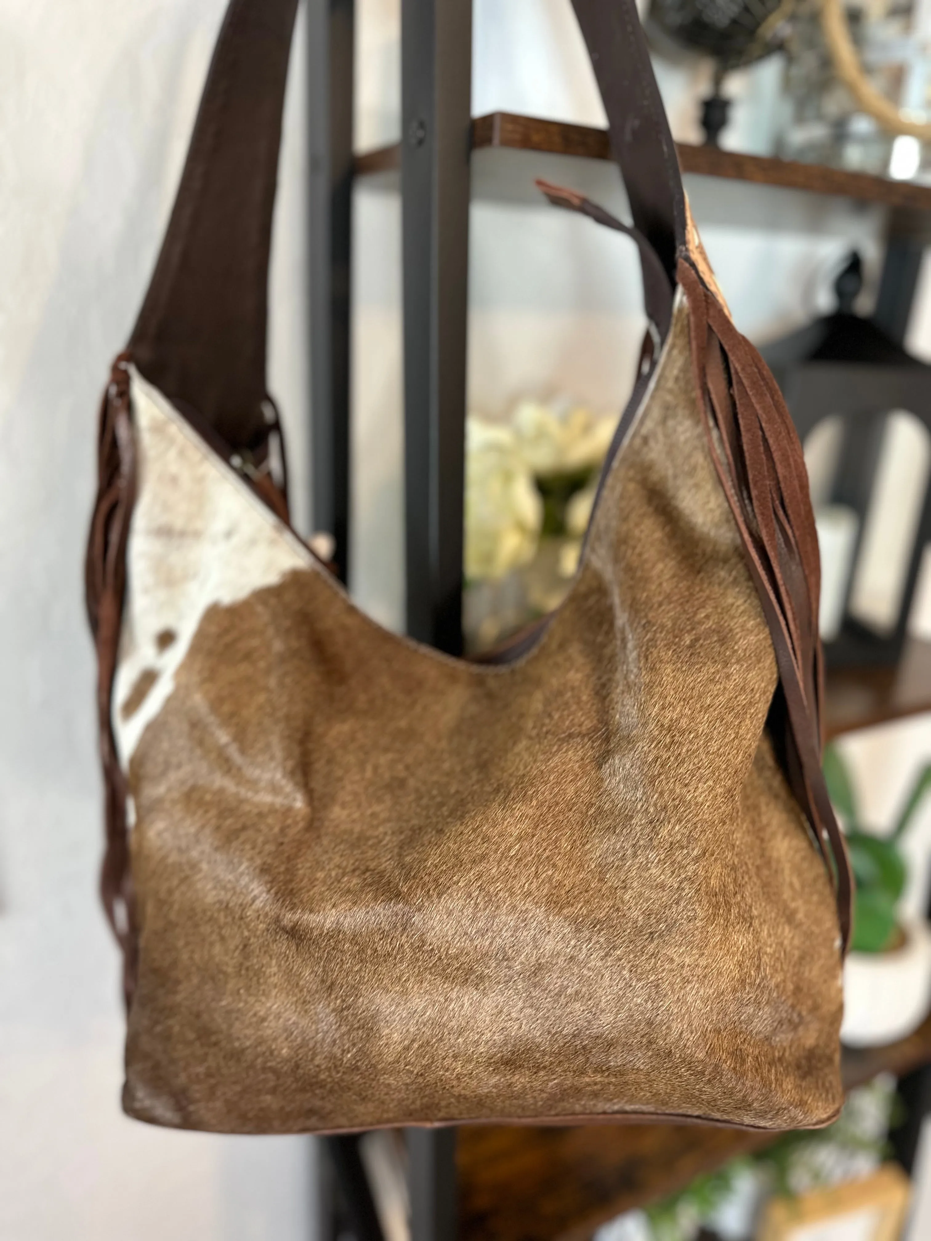 Ranch Brown Leather Cowhide Hobo Fringe Tooled Handbag