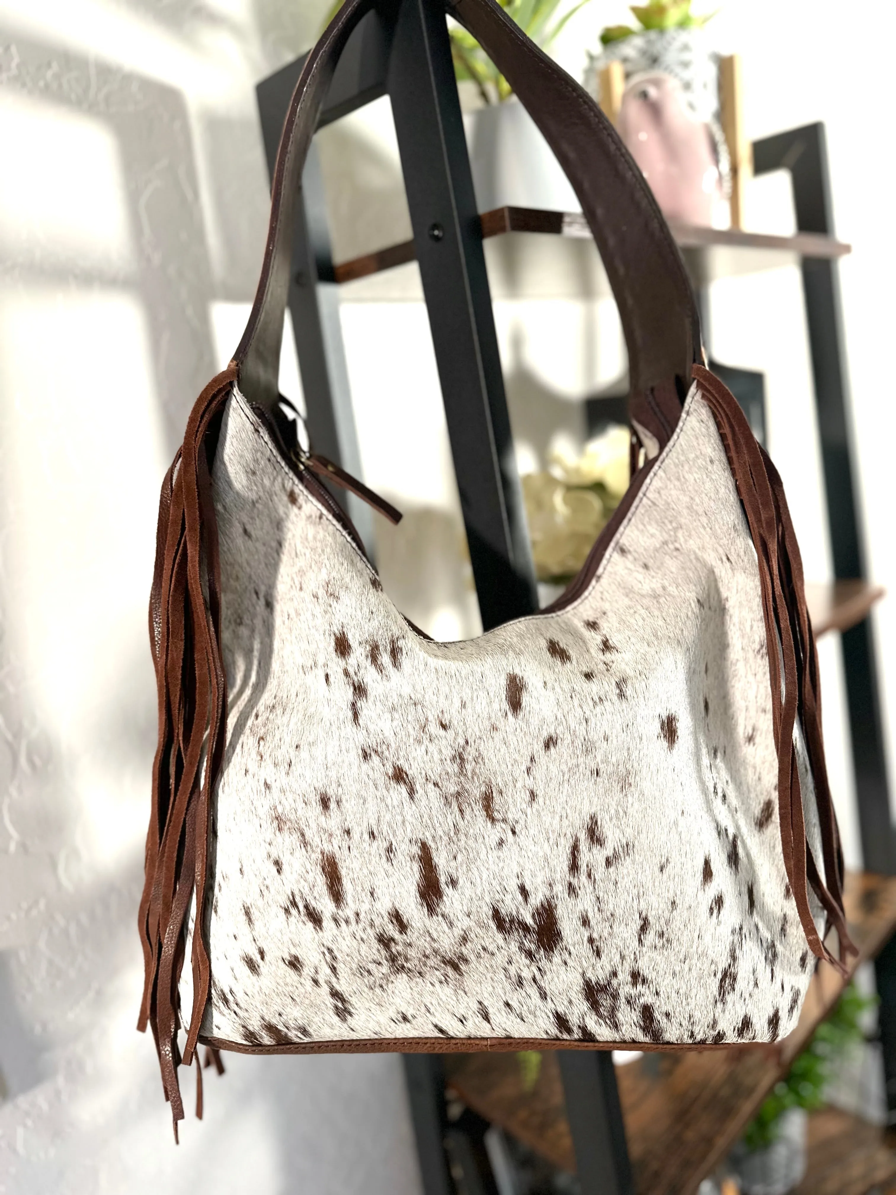 Ranch Brown Leather Cowhide Hobo Fringe Tooled Handbag
