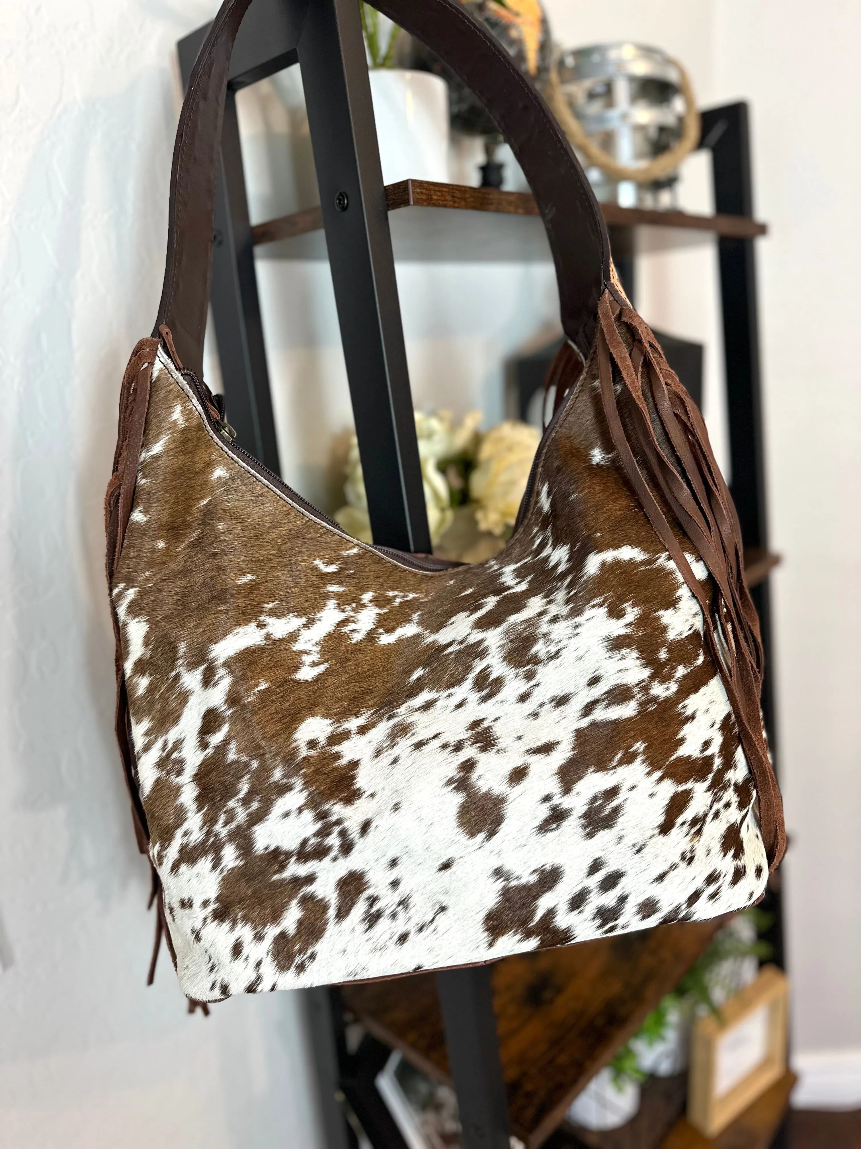 Ranch Brown Leather Cowhide Hobo Fringe Tooled Handbag