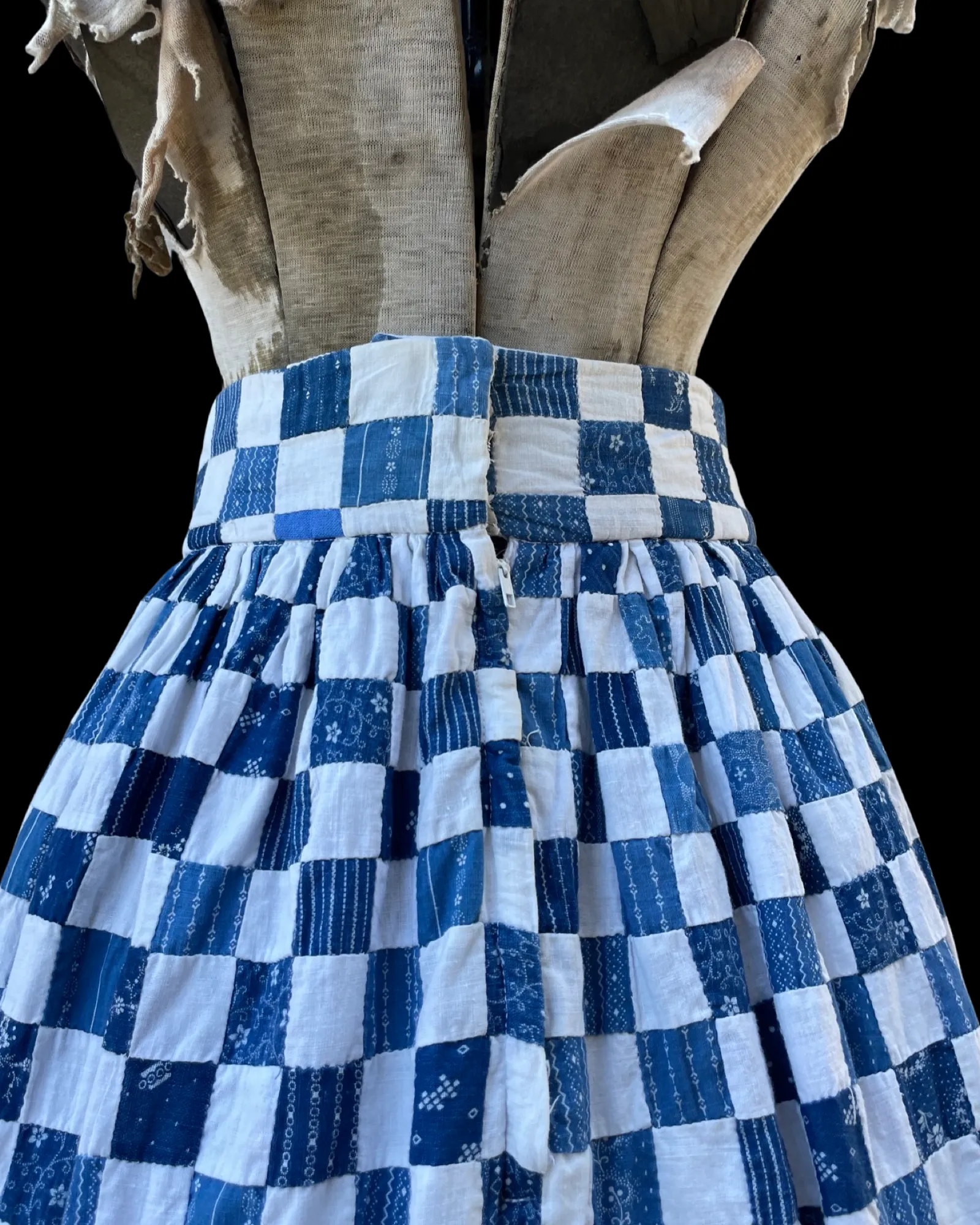 Rare OOAK Folk Antique Indigo Calico Quilt Top Skirt 1960s