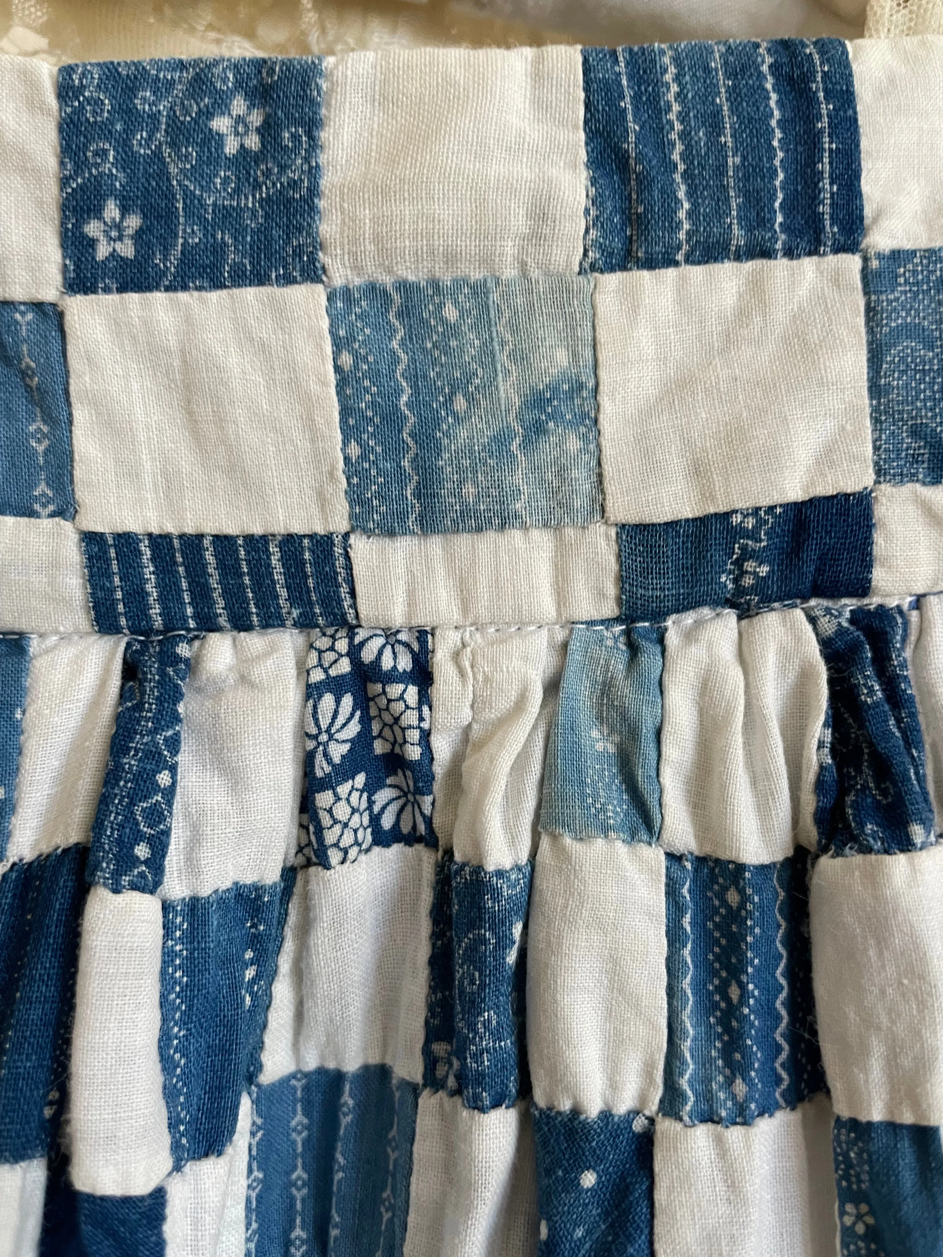 Rare OOAK Folk Antique Indigo Calico Quilt Top Skirt 1960s