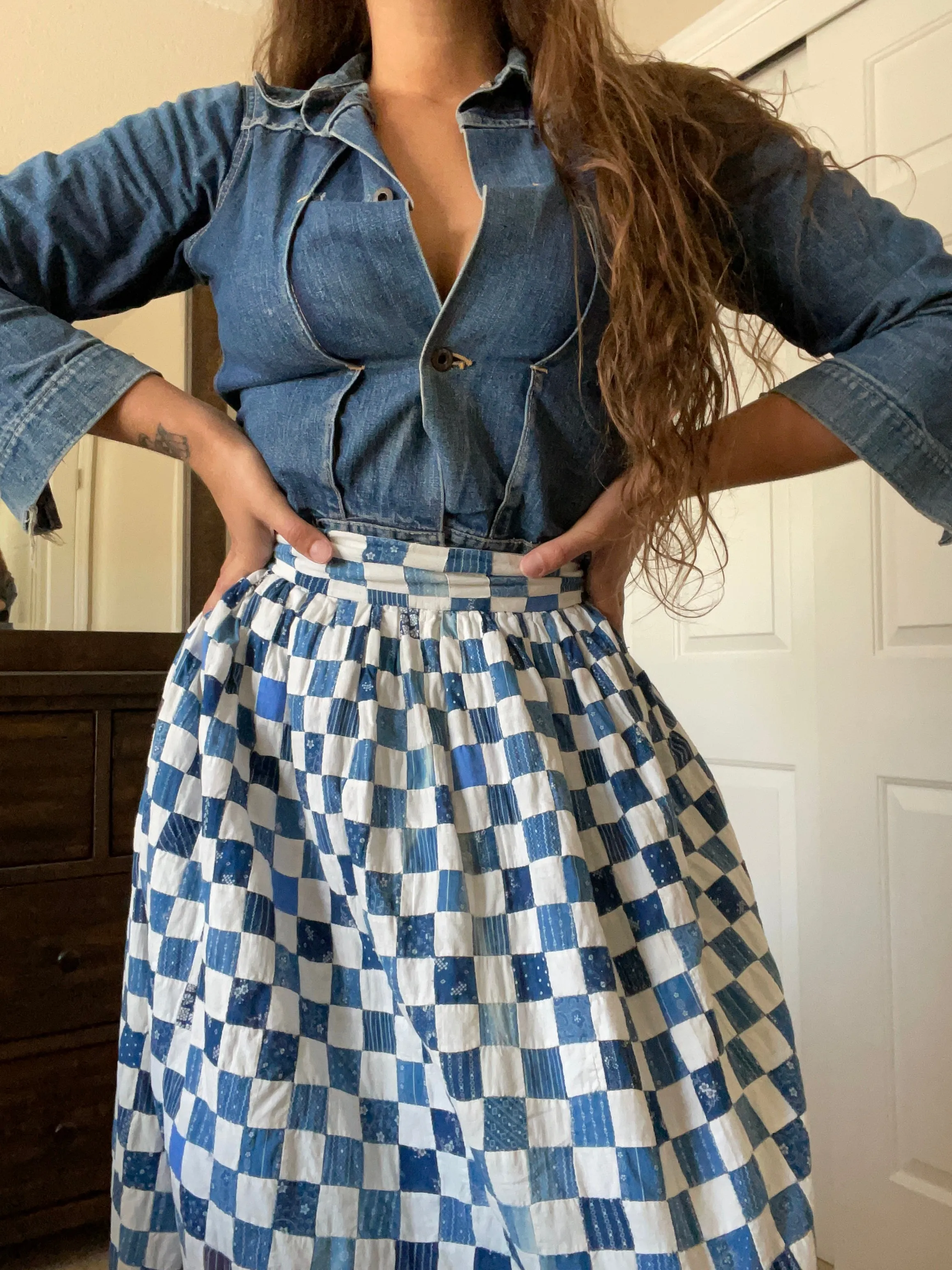 Rare OOAK Folk Antique Indigo Calico Quilt Top Skirt 1960s