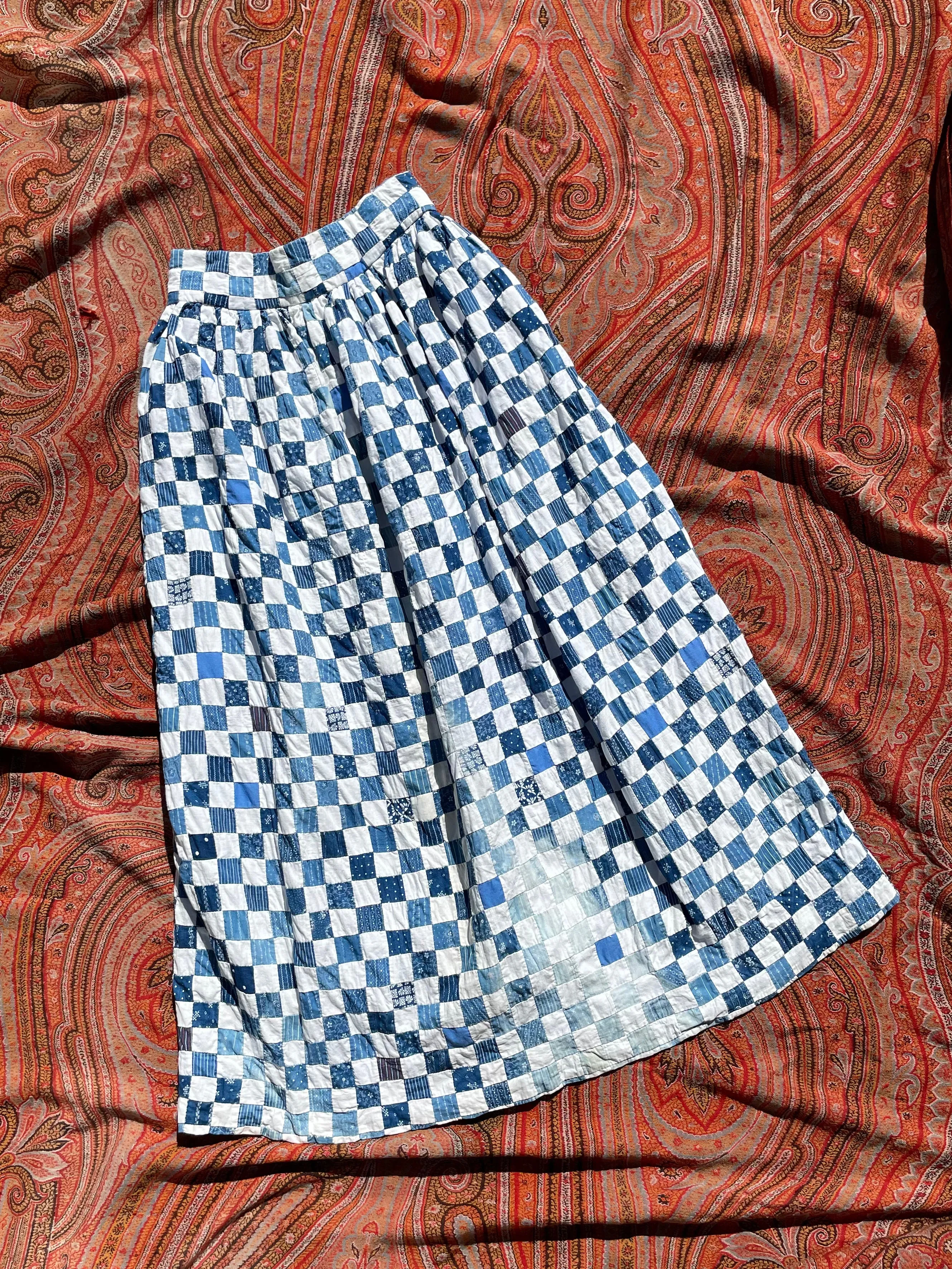 Rare OOAK Folk Antique Indigo Calico Quilt Top Skirt 1960s