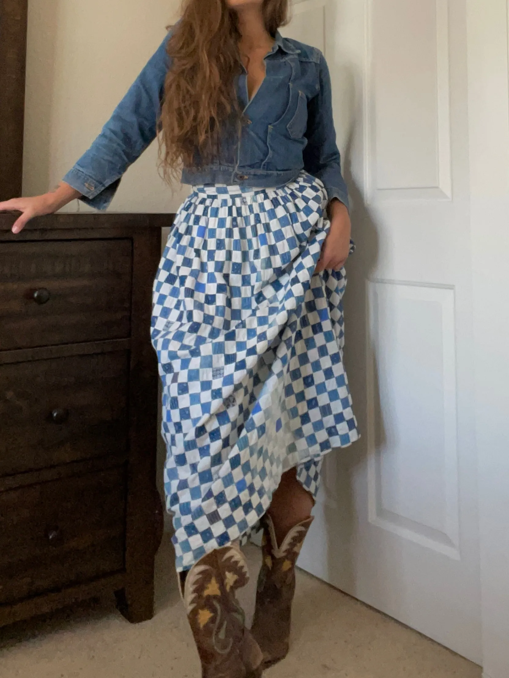 Rare OOAK Folk Antique Indigo Calico Quilt Top Skirt 1960s