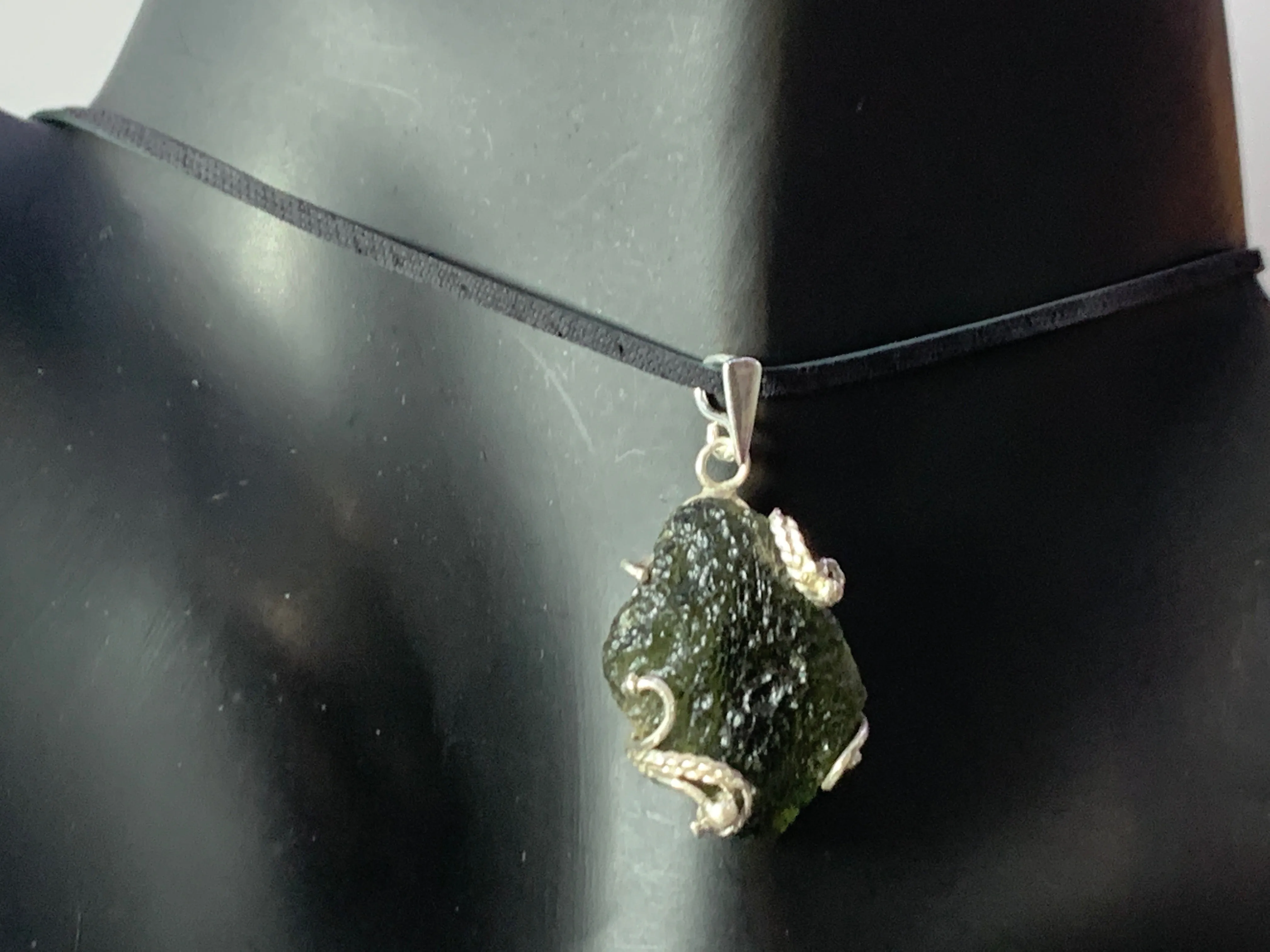 Raw Moldavite pendant in Sterling Silver