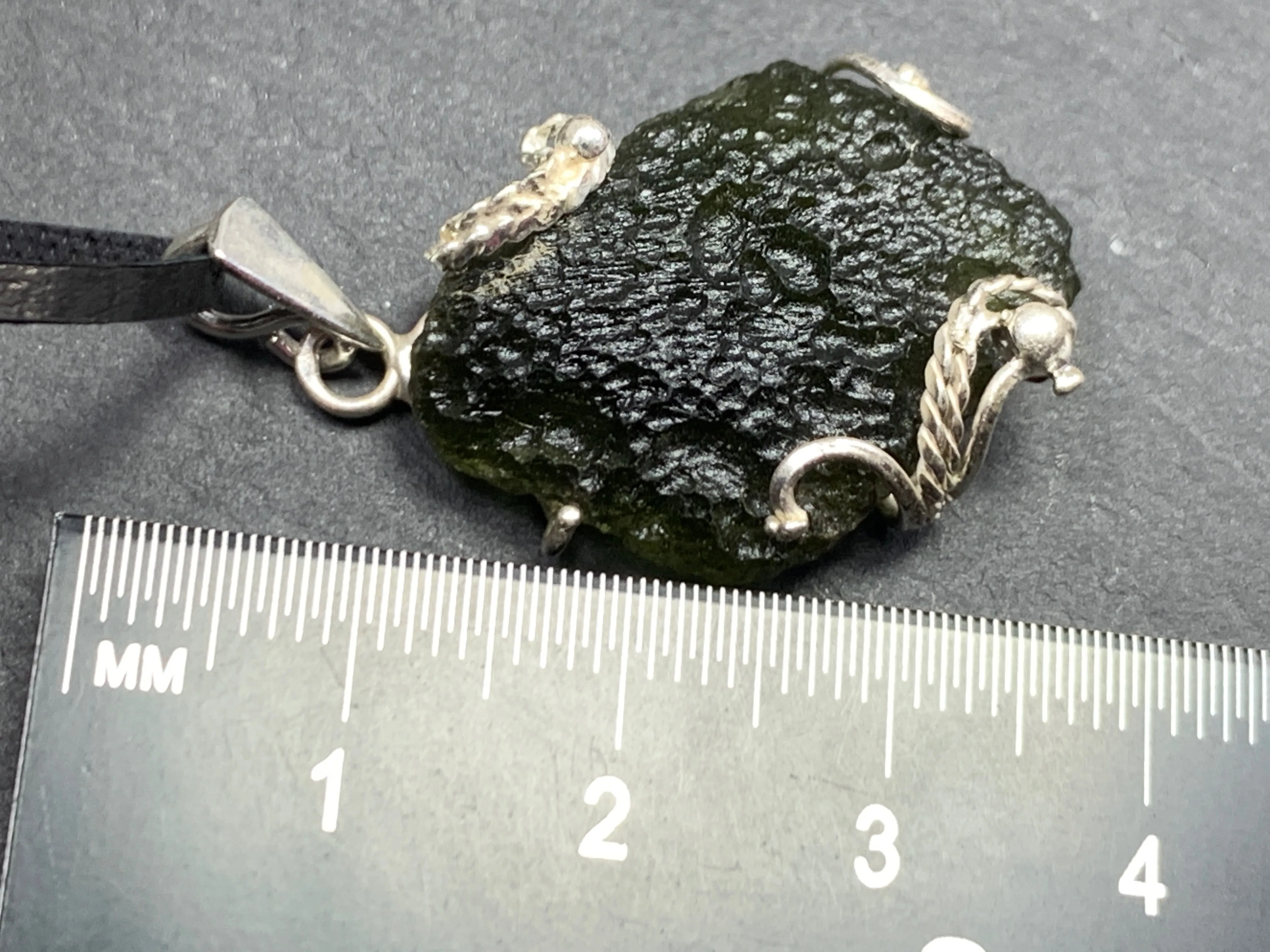 Raw Moldavite pendant in Sterling Silver