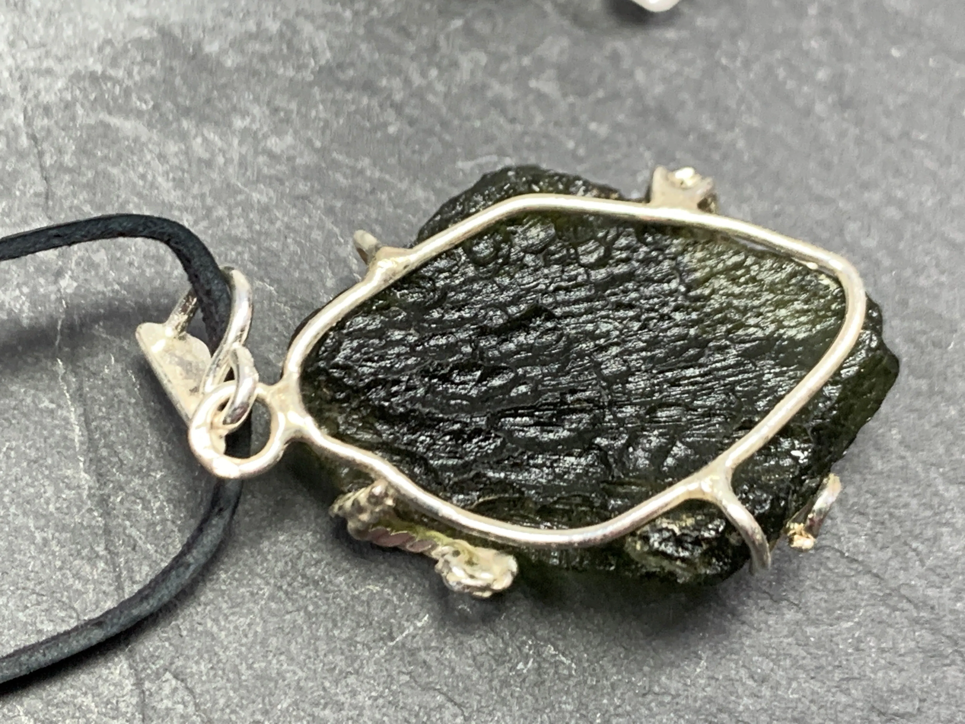 Raw Moldavite pendant in Sterling Silver