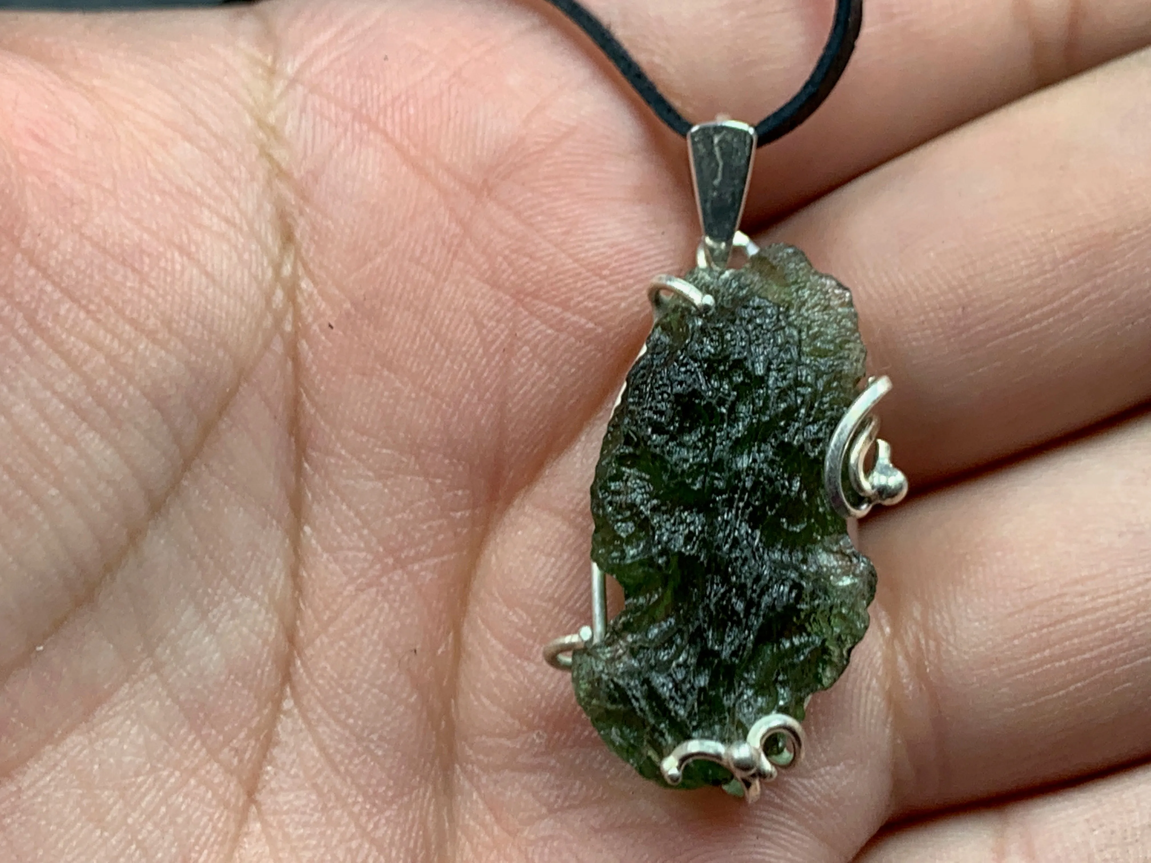 Raw Moldavite pendant in Sterling Silver