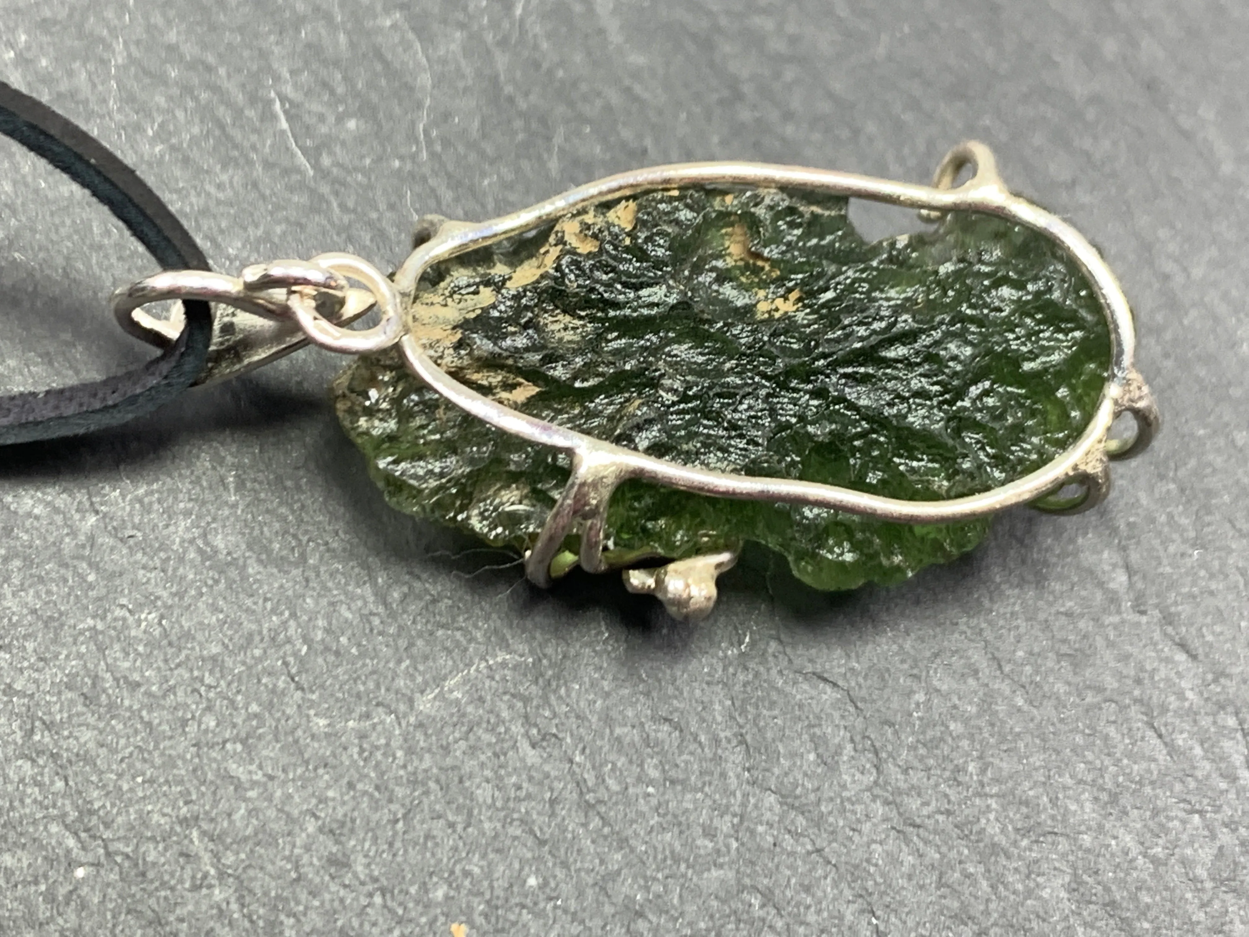 Raw Moldavite pendant in Sterling Silver
