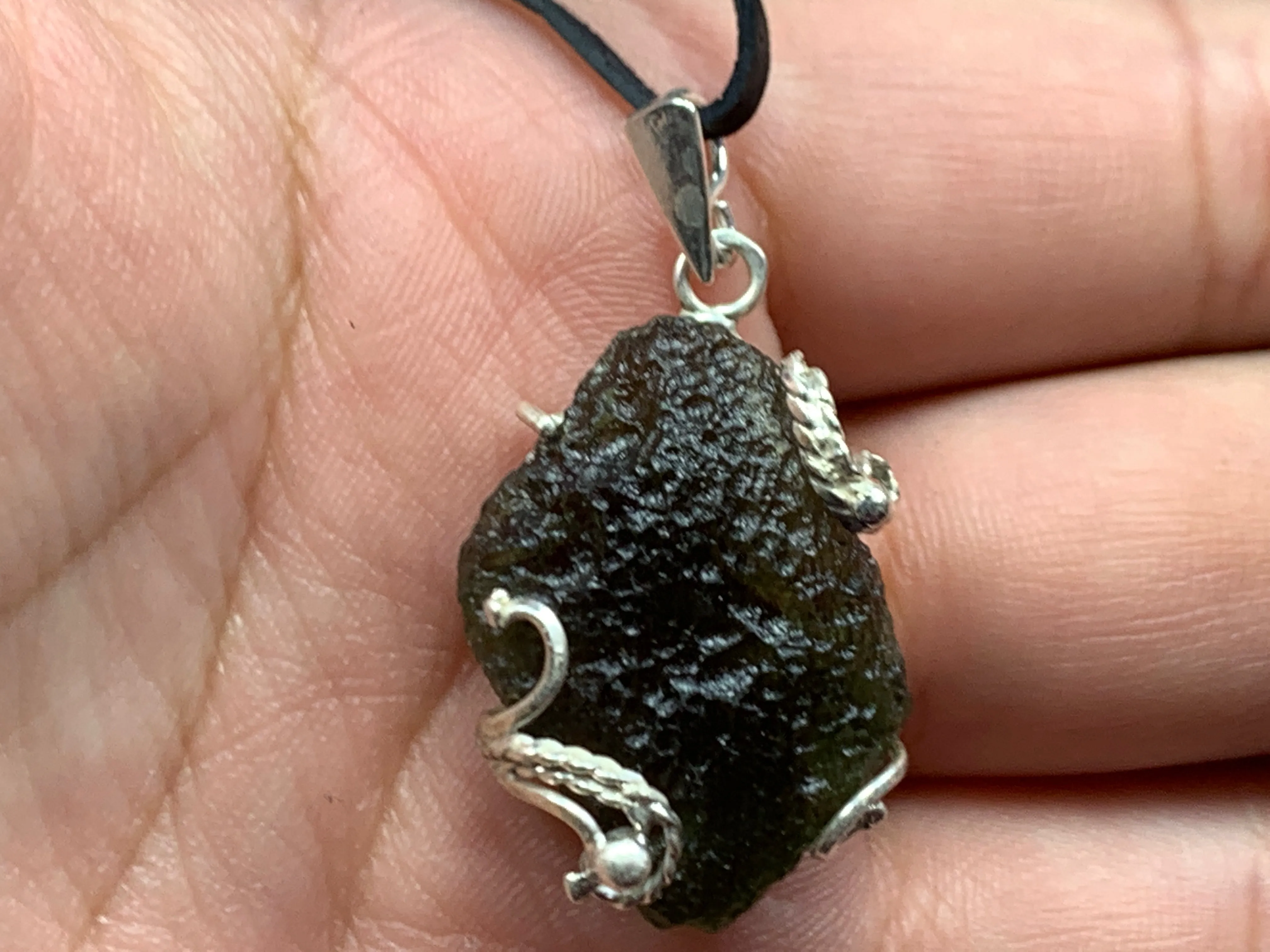 Raw Moldavite pendant in Sterling Silver