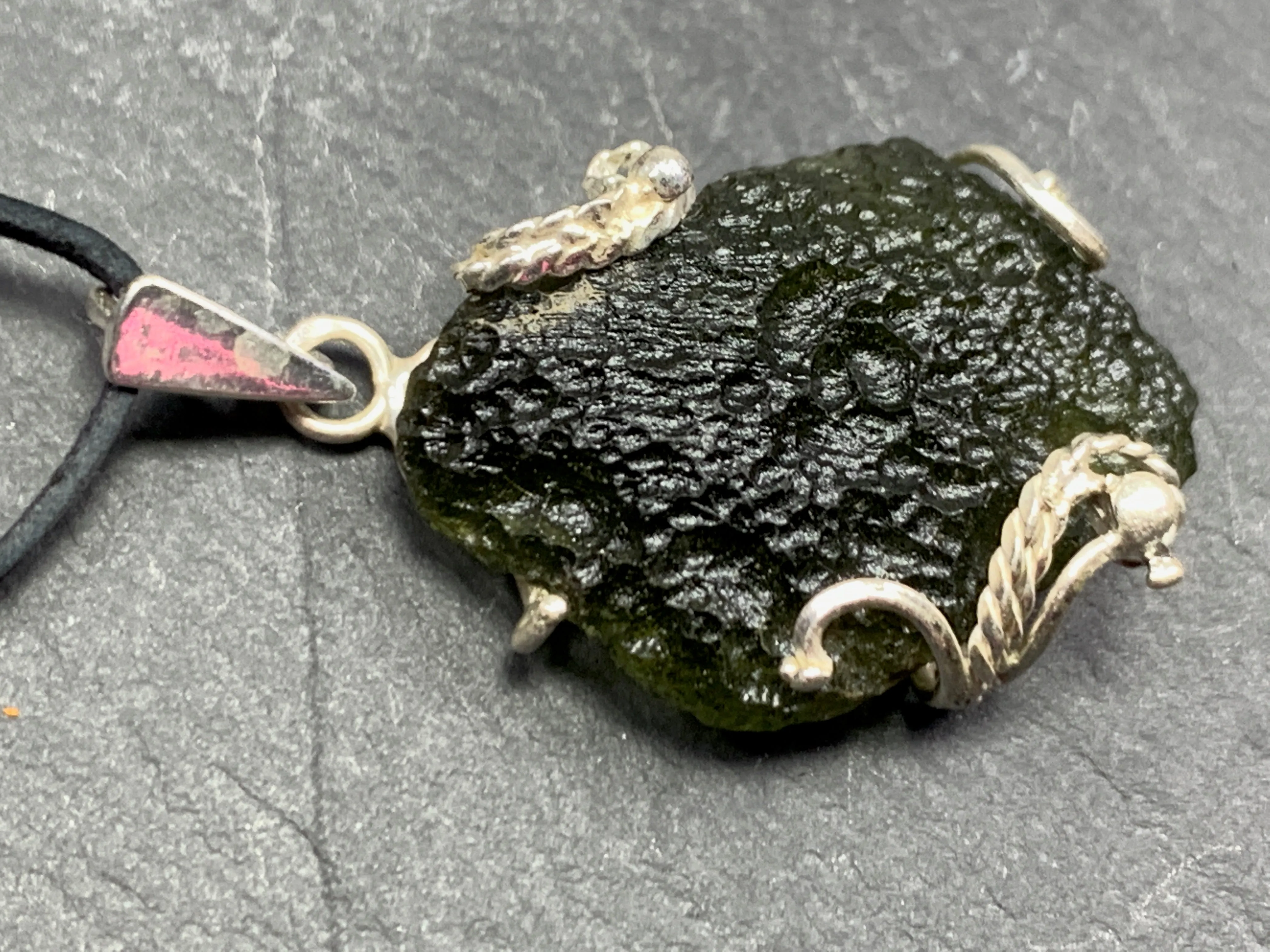 Raw Moldavite pendant in Sterling Silver